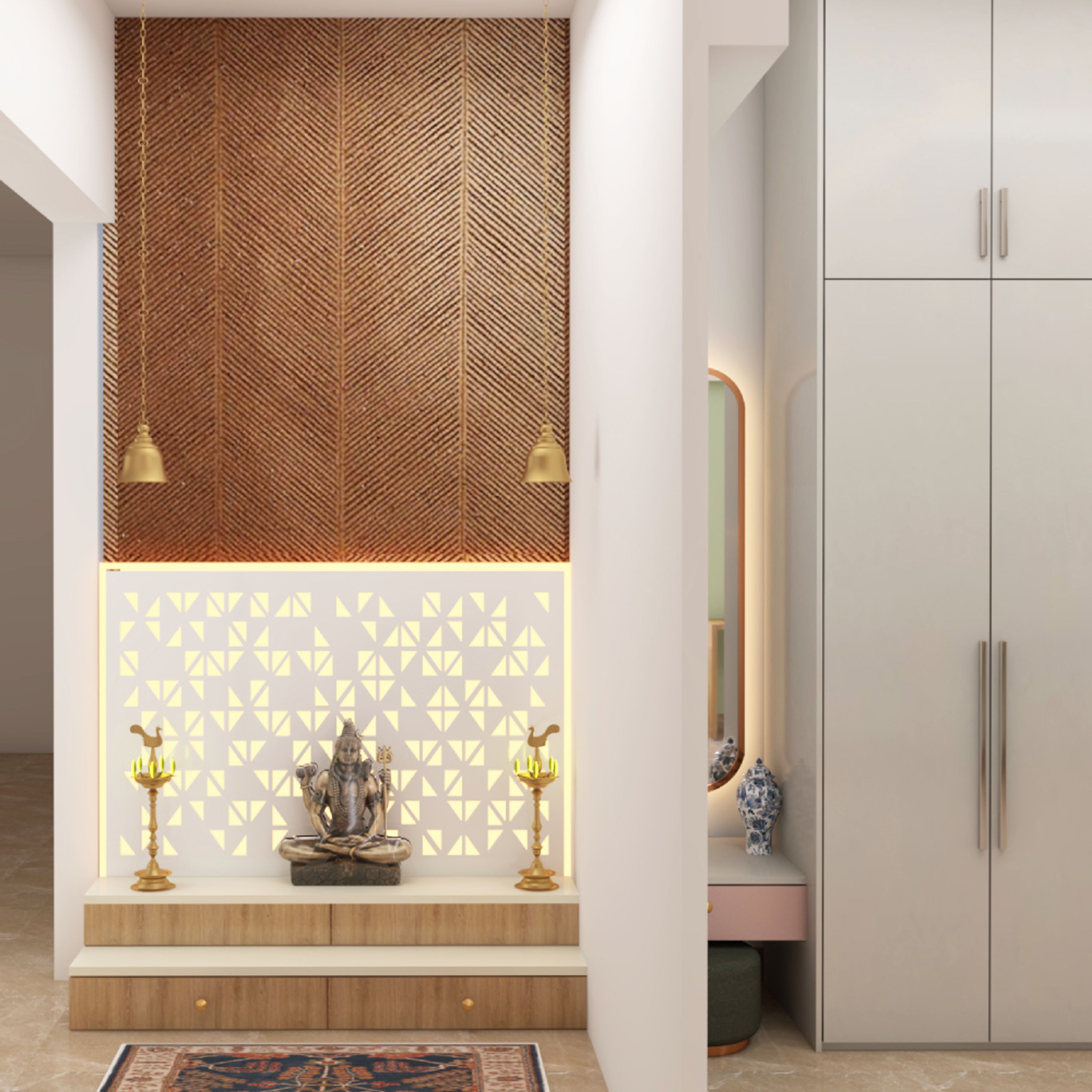 Spacious Open Wood And CNC-Cut White Panel Mandir Design With LED Backlights And Stepped Storage - Livspace
