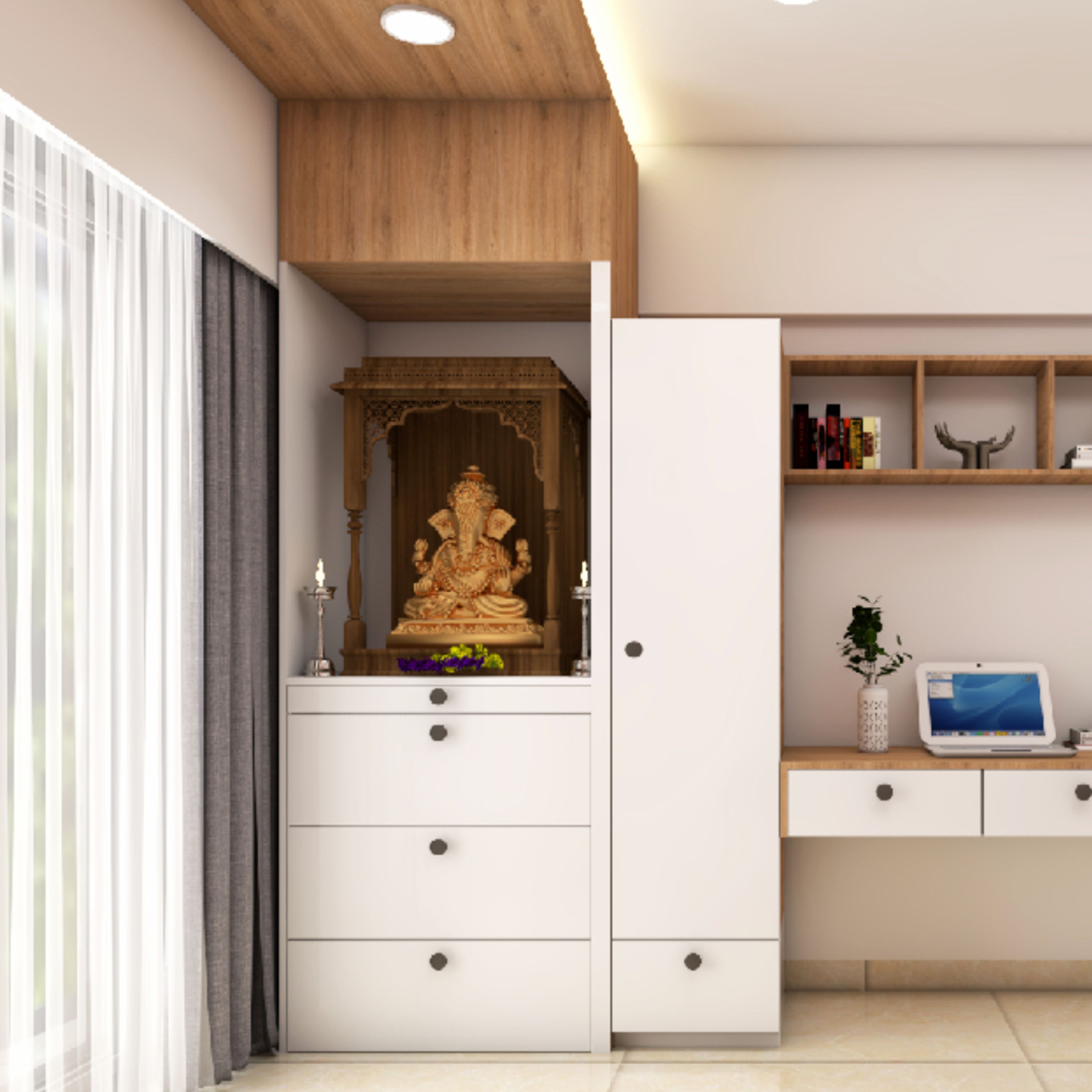 Tall White Open Mandir Design With 4-Drawer Storage And Stand-Alone Storage Unit - Livspace