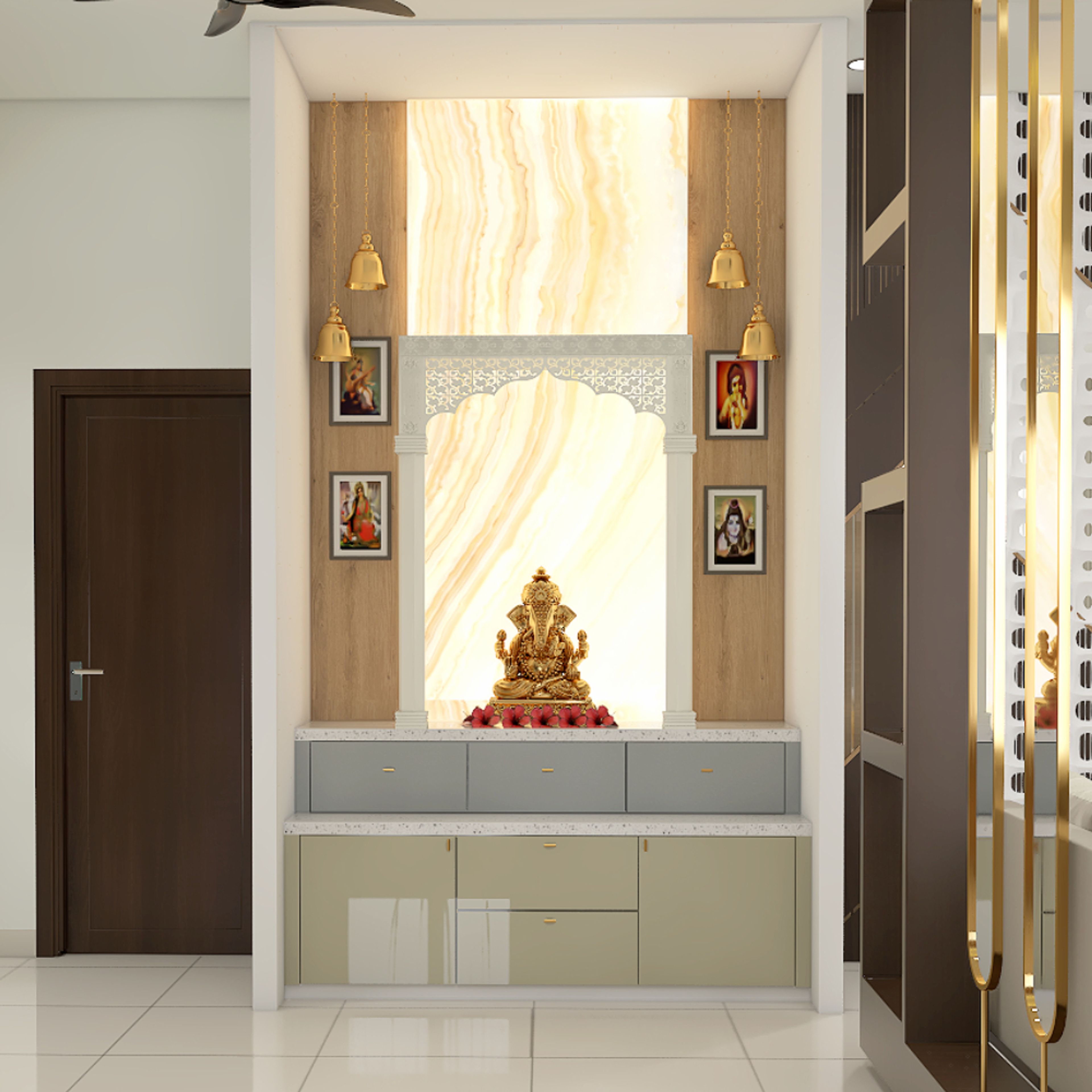 Wood And Grey Floor-Mounted Mandir Unit With Stepped Glossy Drawer Storage, Marble Accent Wall And Brass Bells - Livspace