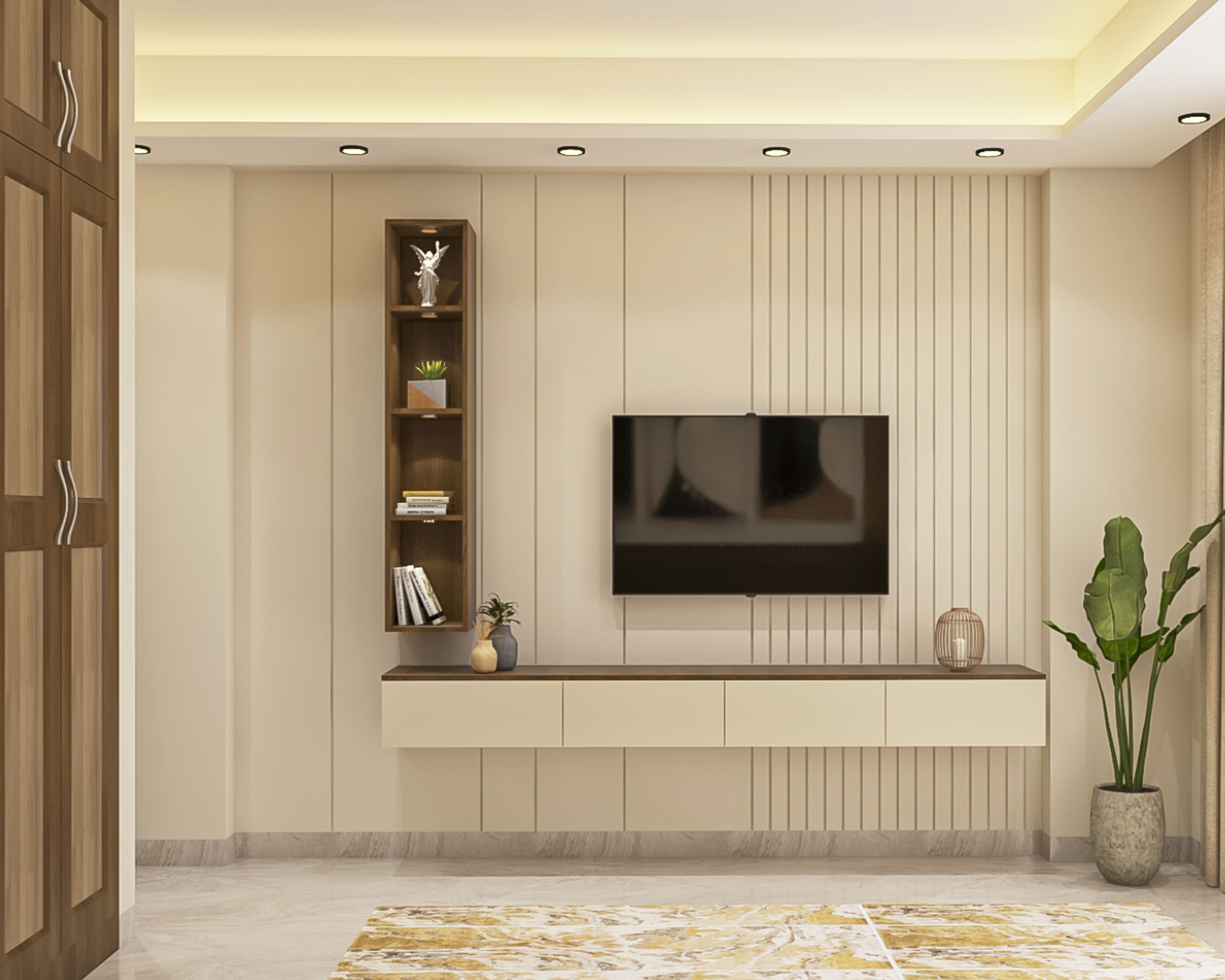 Modern Wall-Mounted Champagne-Toned And Wooden TV Unit With Wooden Open Shelves Unit