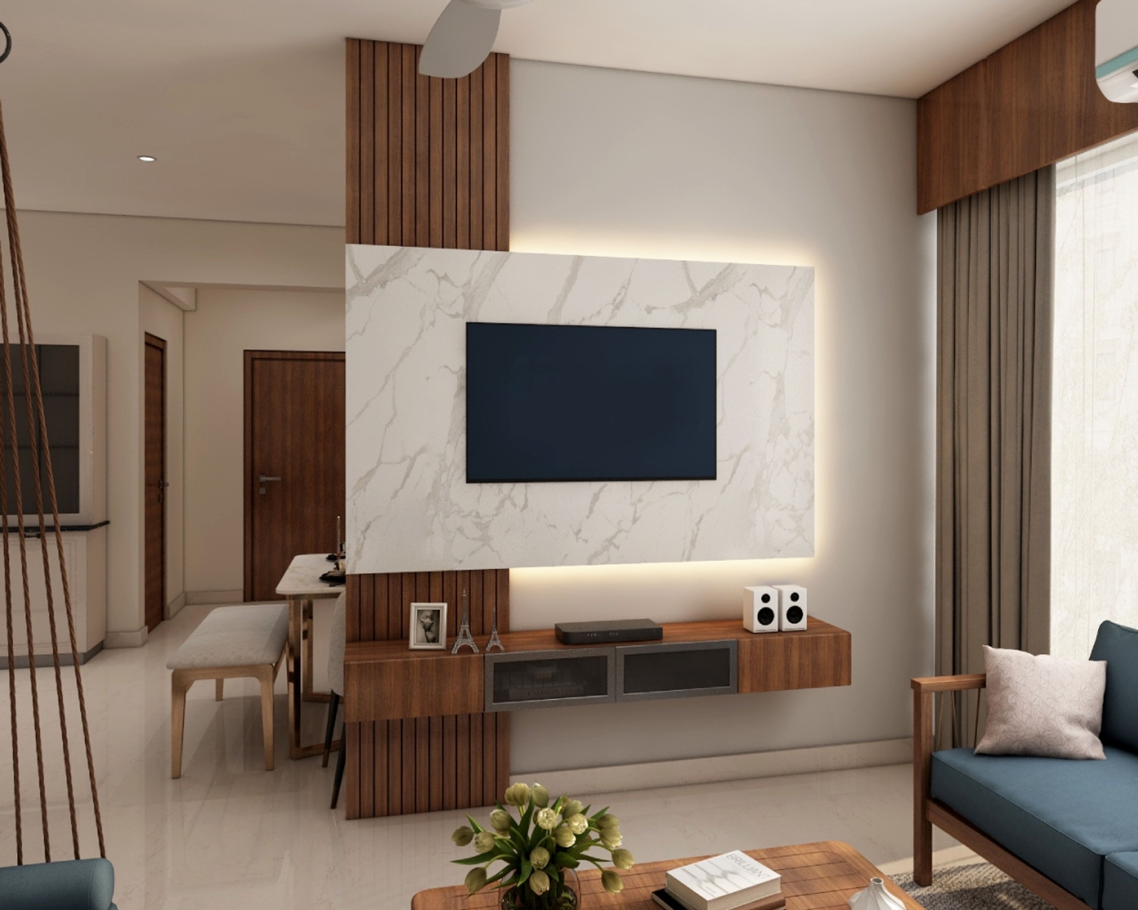 Modern Wood And White TV Unit Design With Marble Back Panel