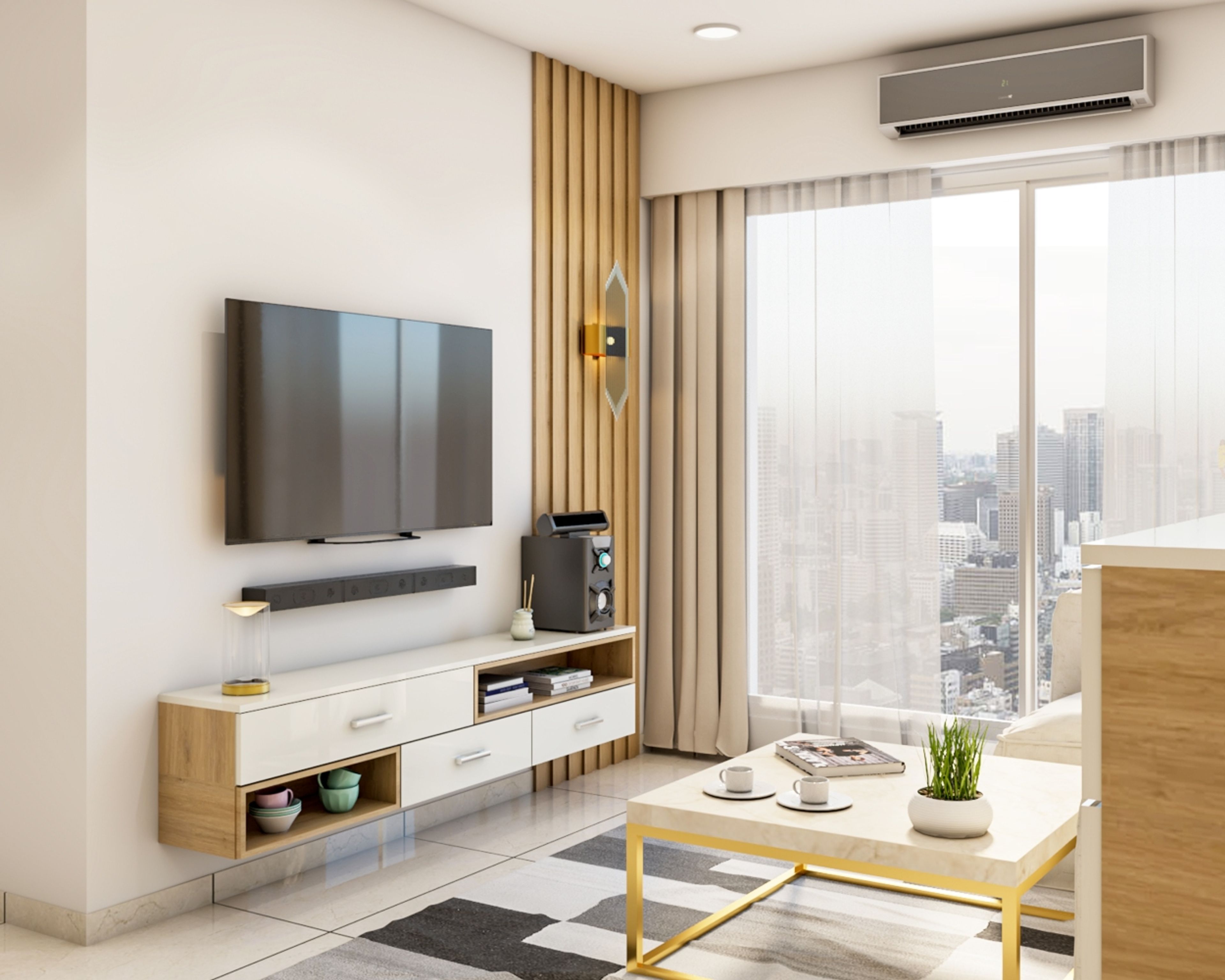 Modern Wood And White Wall-Mounted TV Cabinet Design With Open And Closed Storage