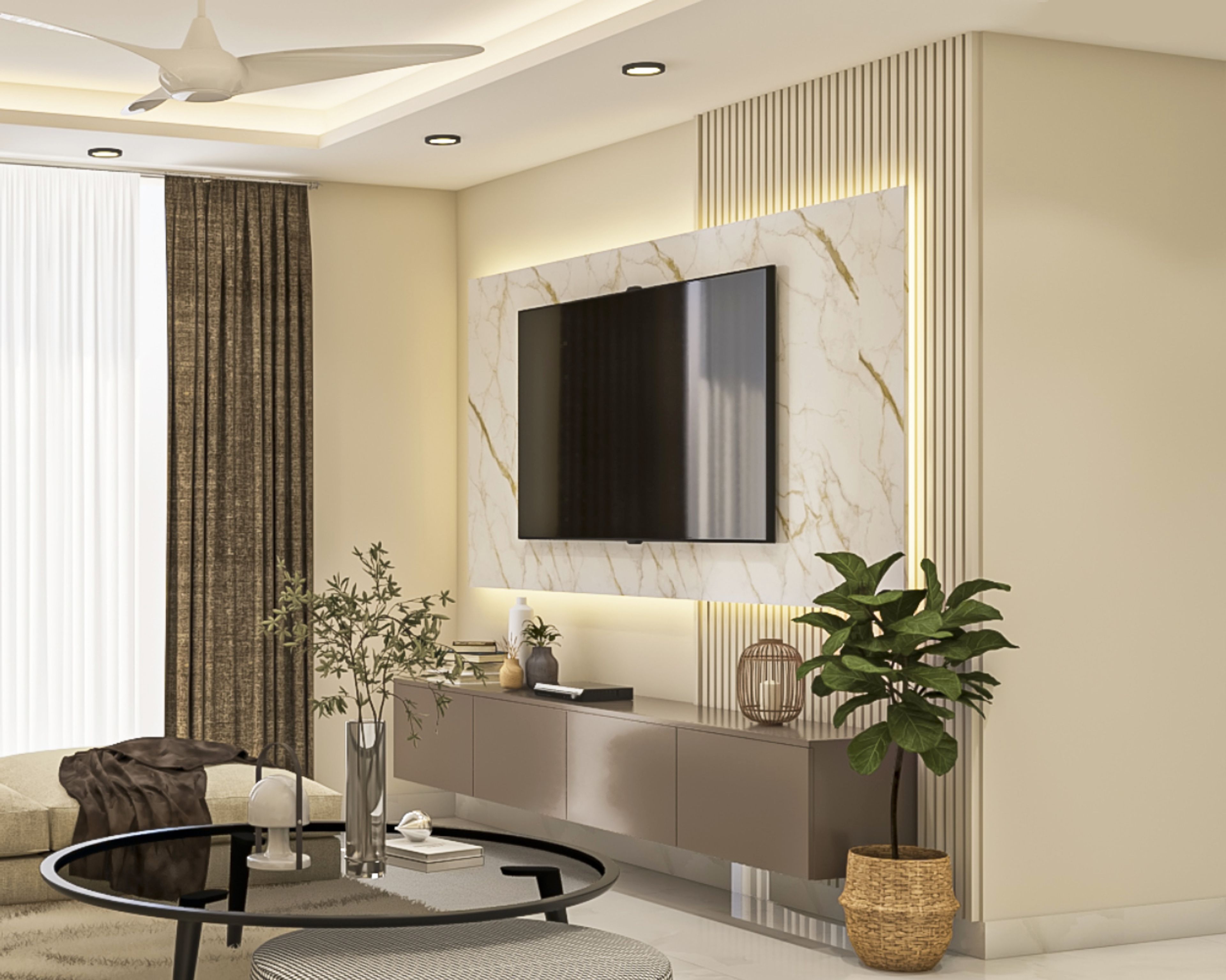 Contemporary Cappuccino-Toned TV Cabinet Design With Marble Panel And Wall Grooves