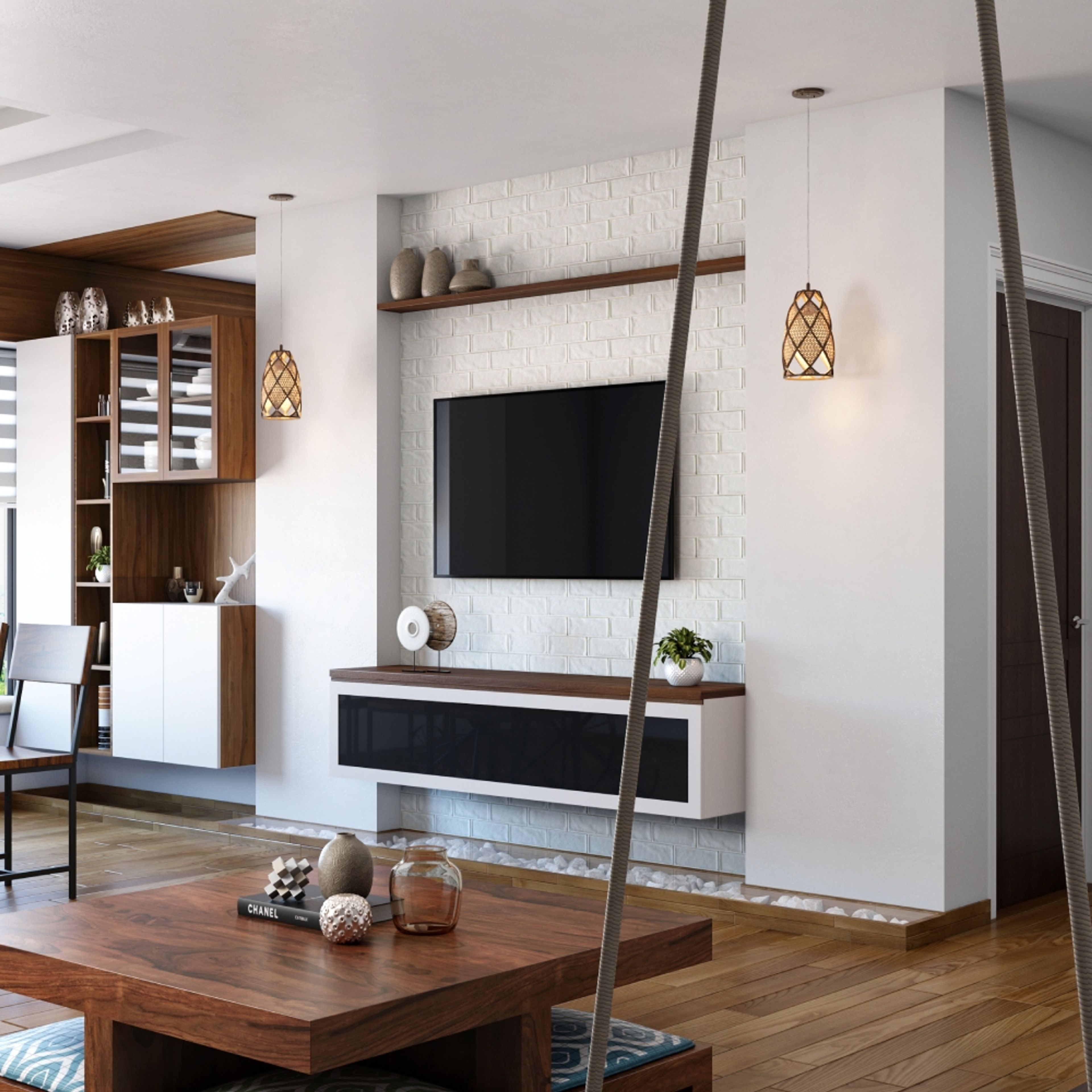 Mid-Century Modern Wall-Mounted White And Wood With Brick Accent Wall