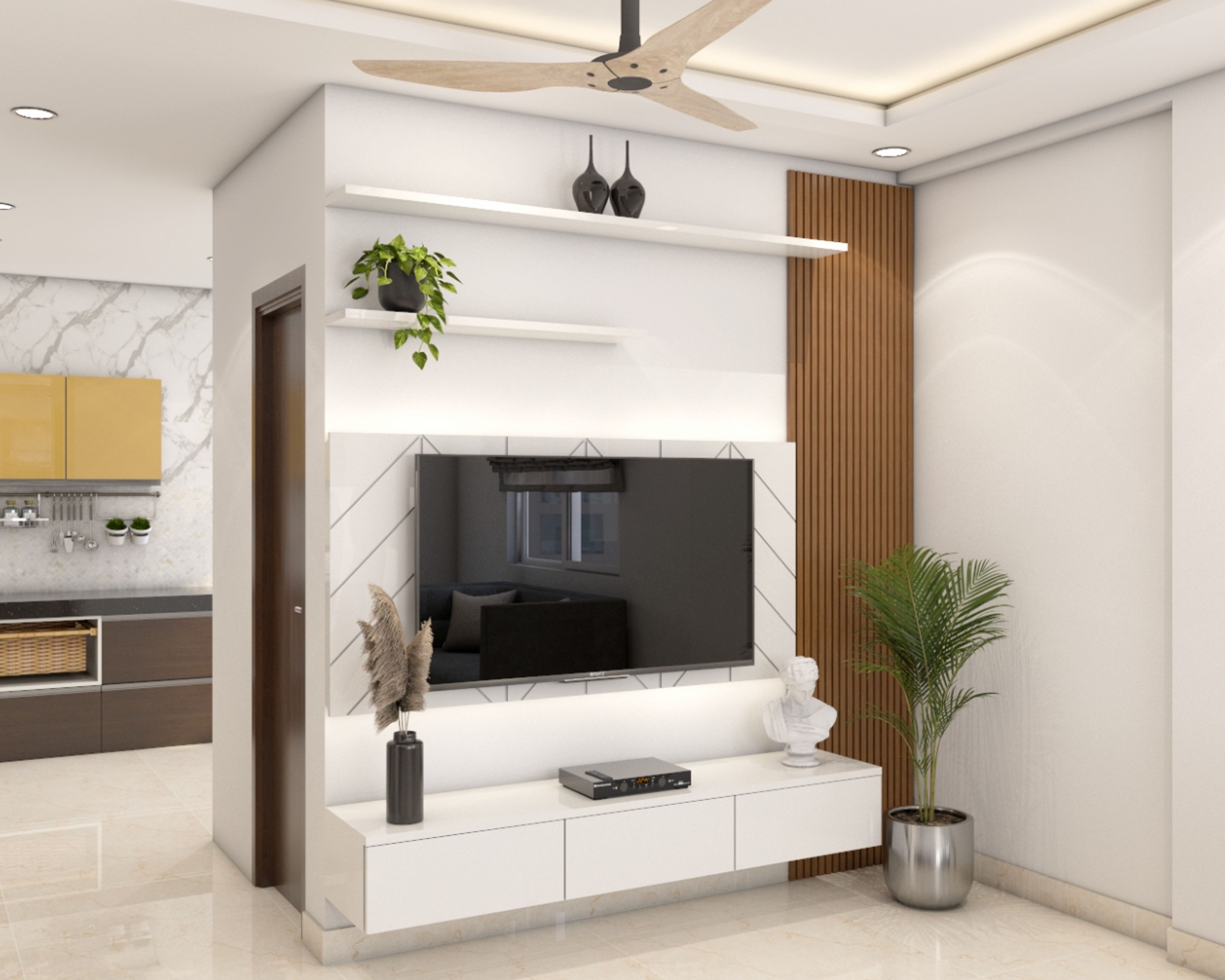 Modern Frosty White TV Console Design With Wooden Wall Panelling