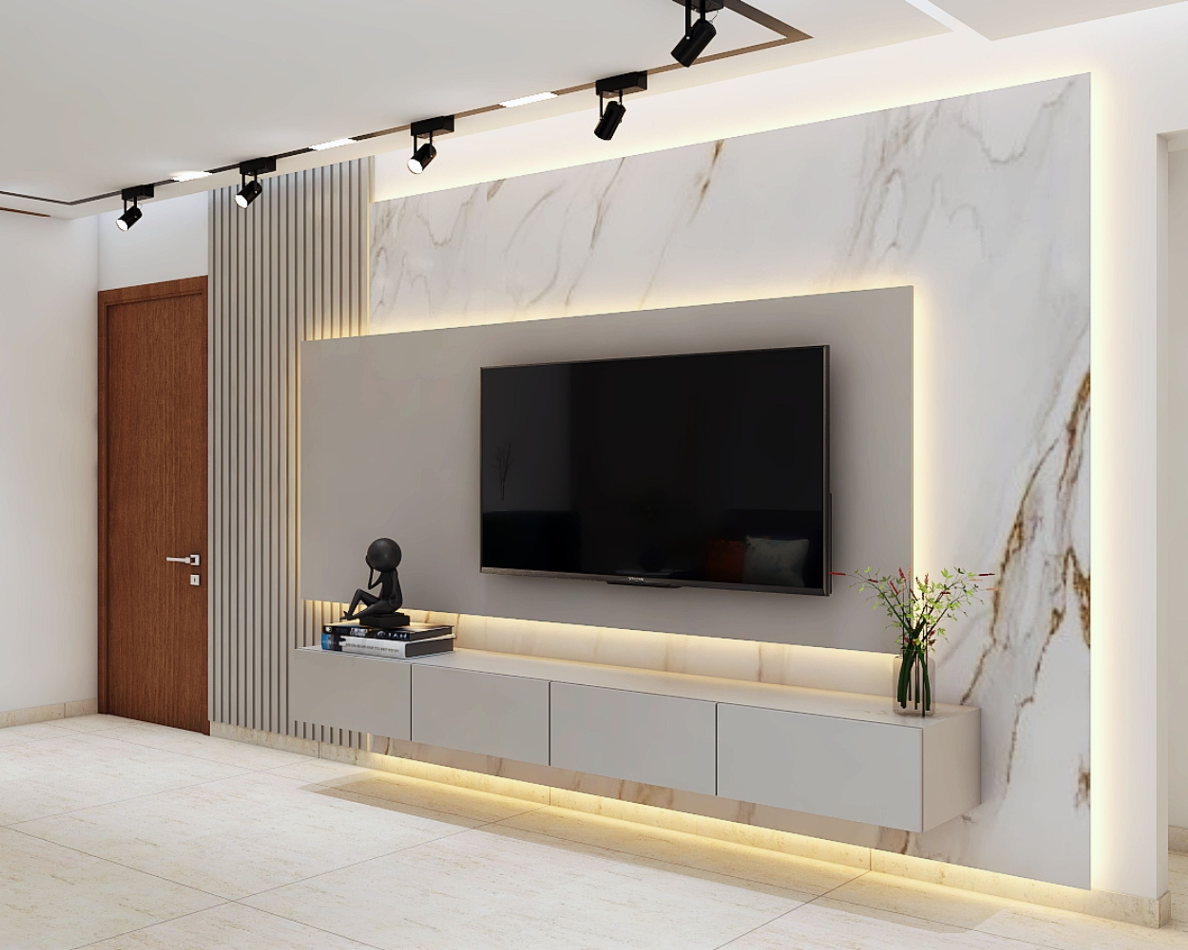 Contemporary White And Grey TV Unit Design With Marble Back Panel