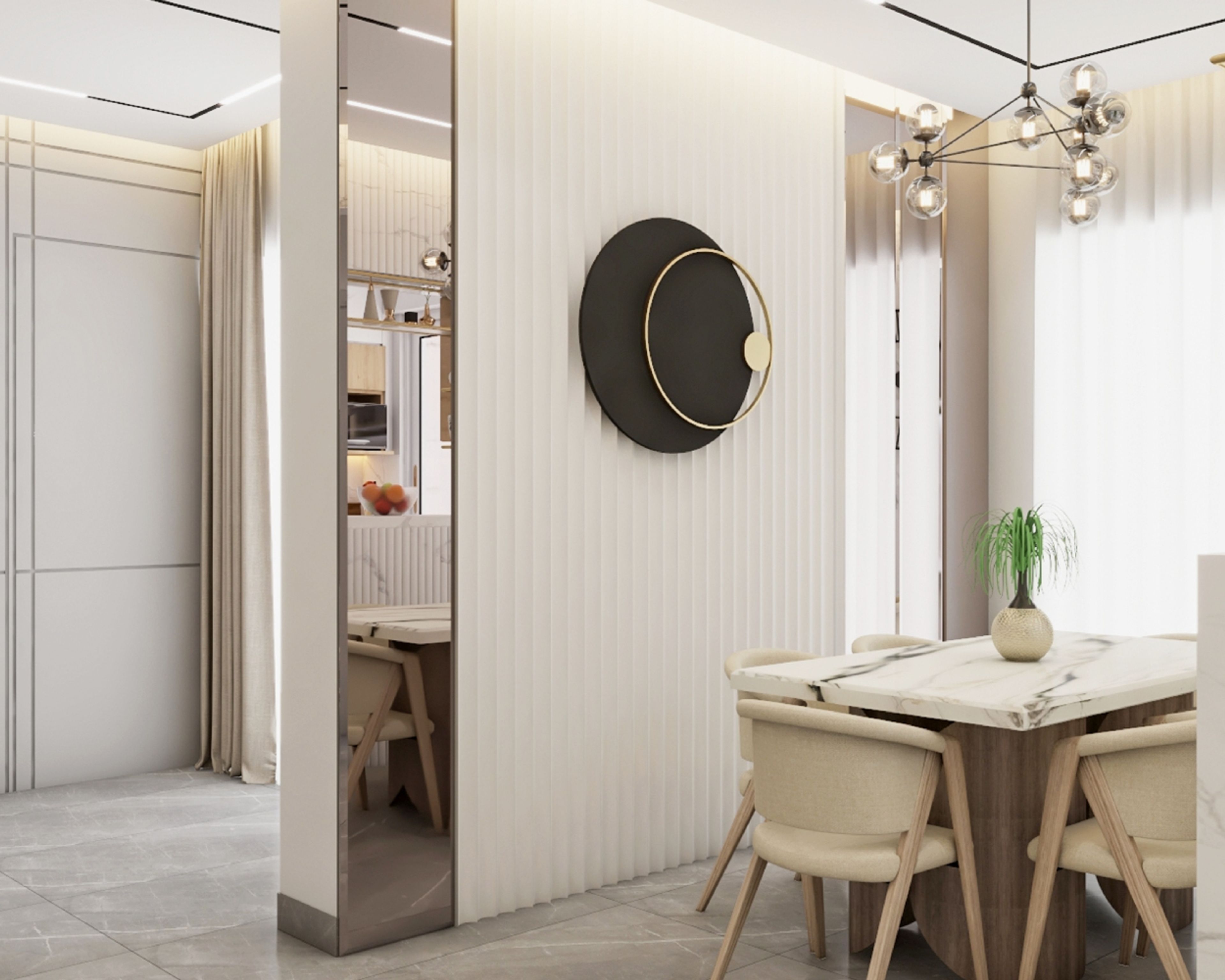 Dining Room Wall Design With White Wall Panels And Grooves - Livspace