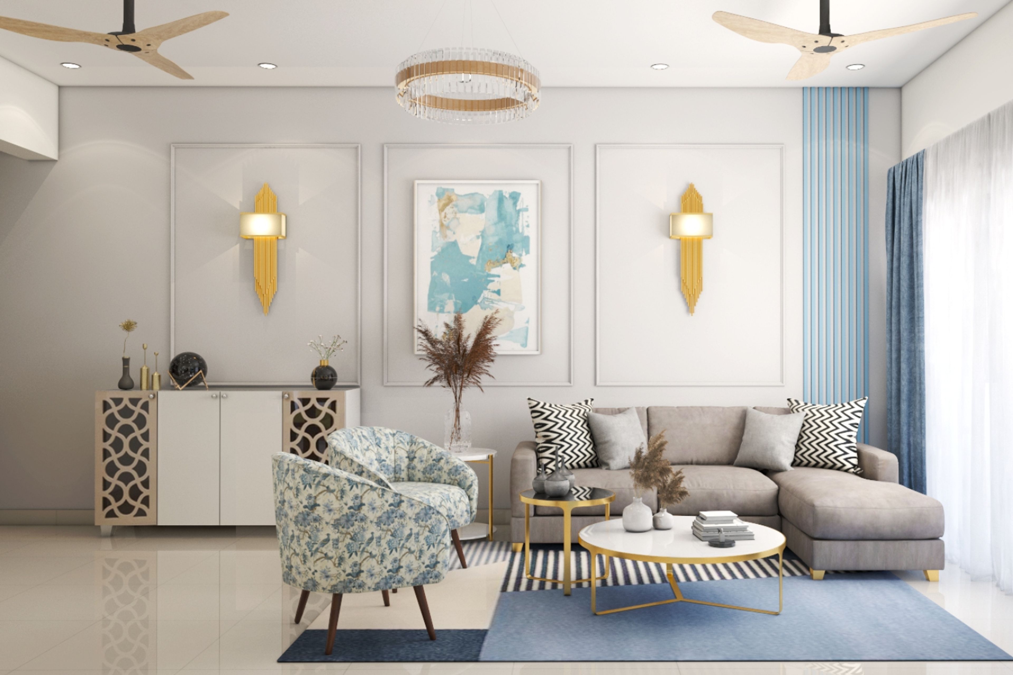 Contemporary Grey And Blue Wall Design Highlighted By Wall Art, Grey Sectional Sofa And Accent Chairs - Livspace