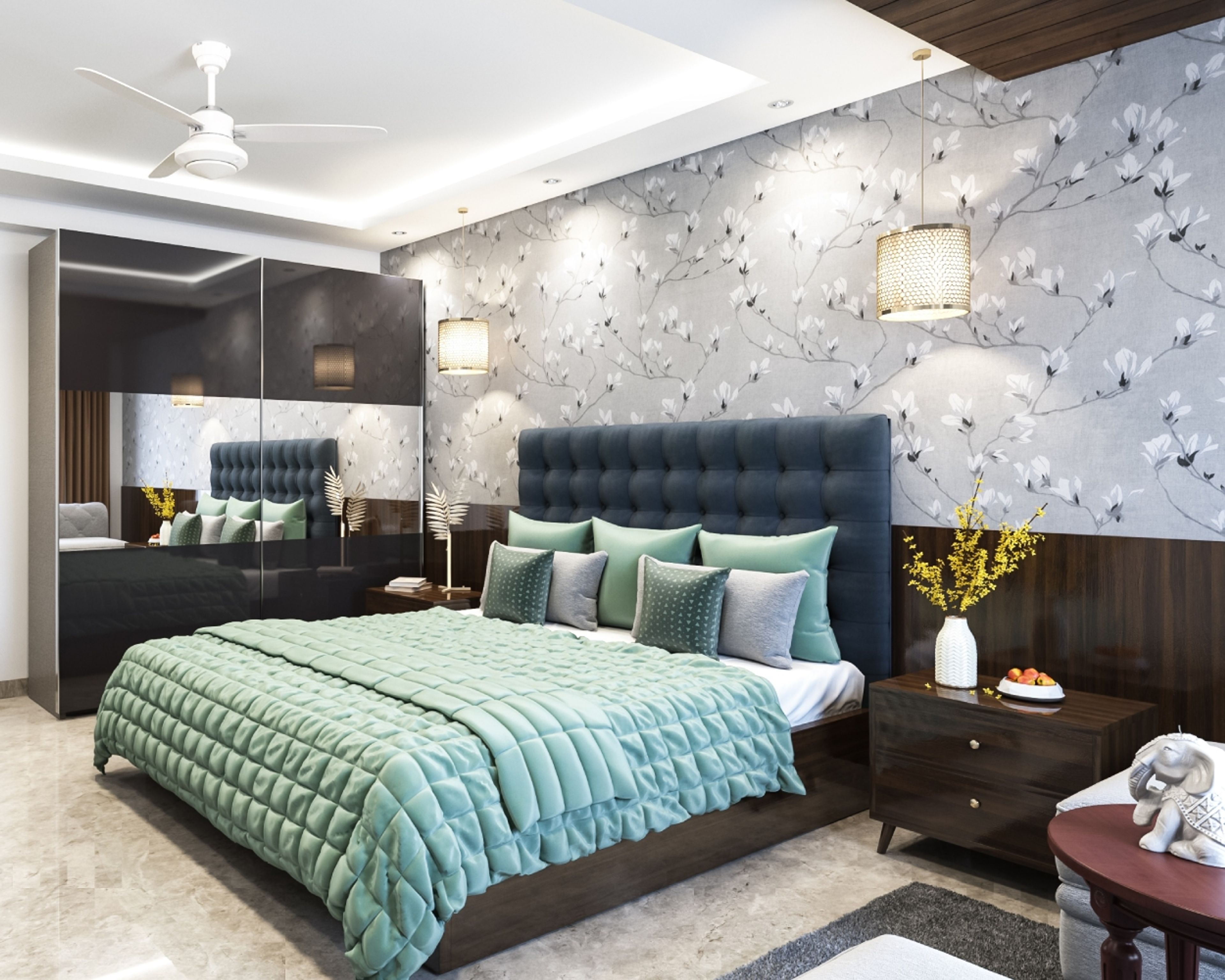 Stunning Grey And White Floral Wallpaper Wall Design For Bedroom With Blue Tufted Headboard And 2-Door Mirrored Sliding Wardrobe - Livspace