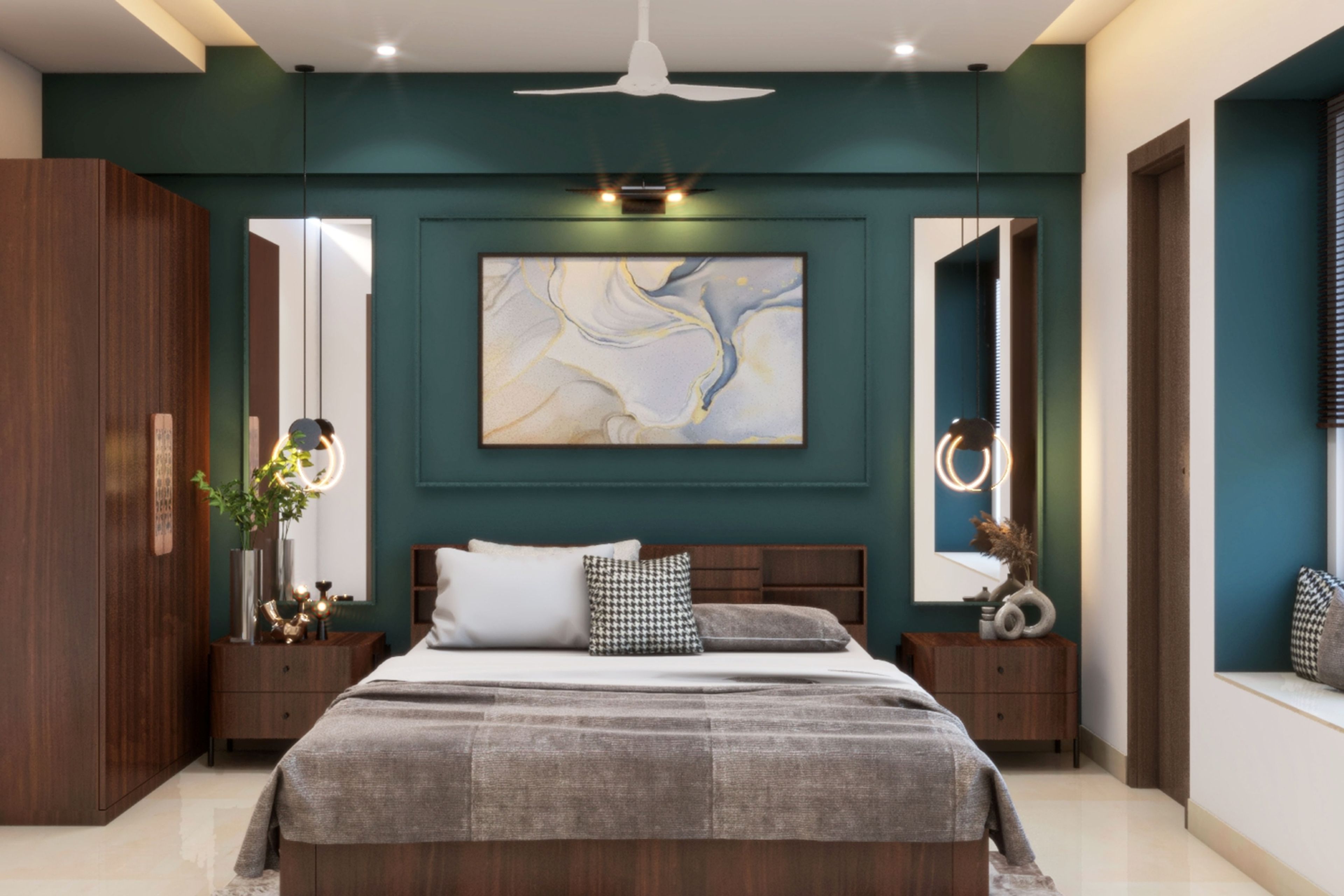 Mid-Century Modern Dark Green Wall Design And Trims With Abstract Painting, Pendant Lights And Wooden Bed - Livspace