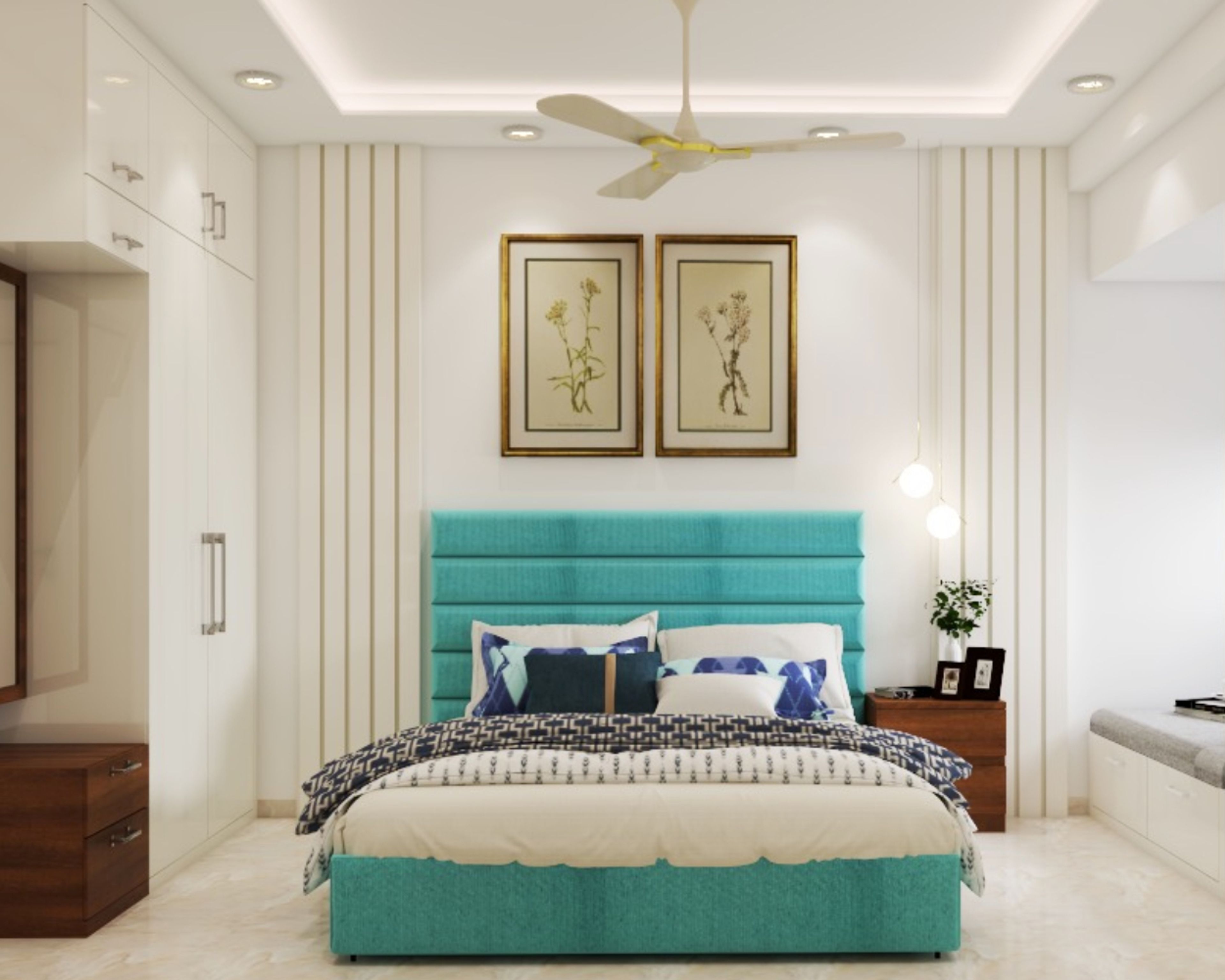 White Bedroom Wall Design With Fluted Wall Panels, A Blue Queen-Sized Bed And Floral Wall Art Work - Livspace