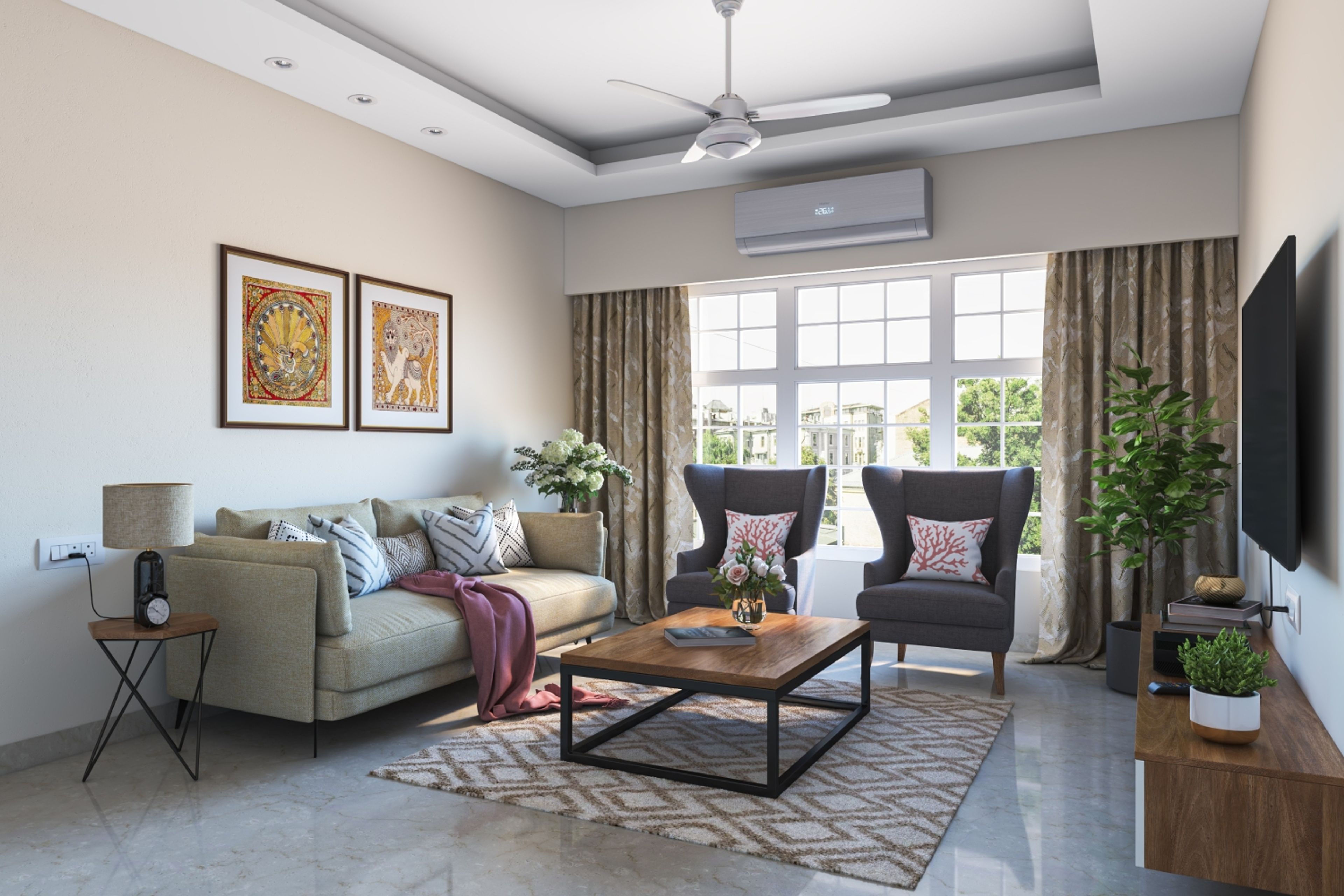 Bright Beige Living Room Wall Paint Design With Wall Art - Livspace