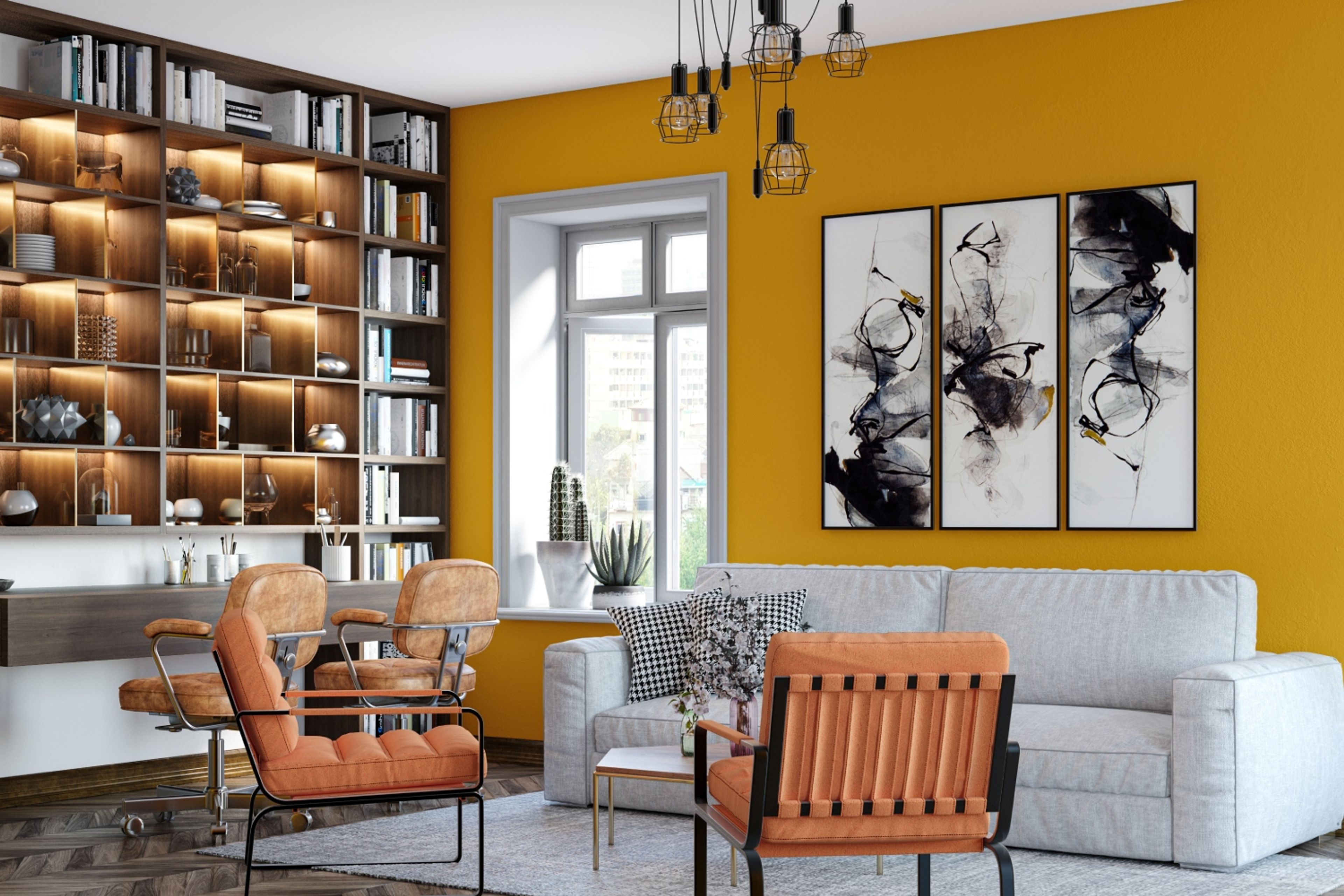 Vibrant Yellow Wall Paint Design For Living Room With Abstract Wall Art - Livspace