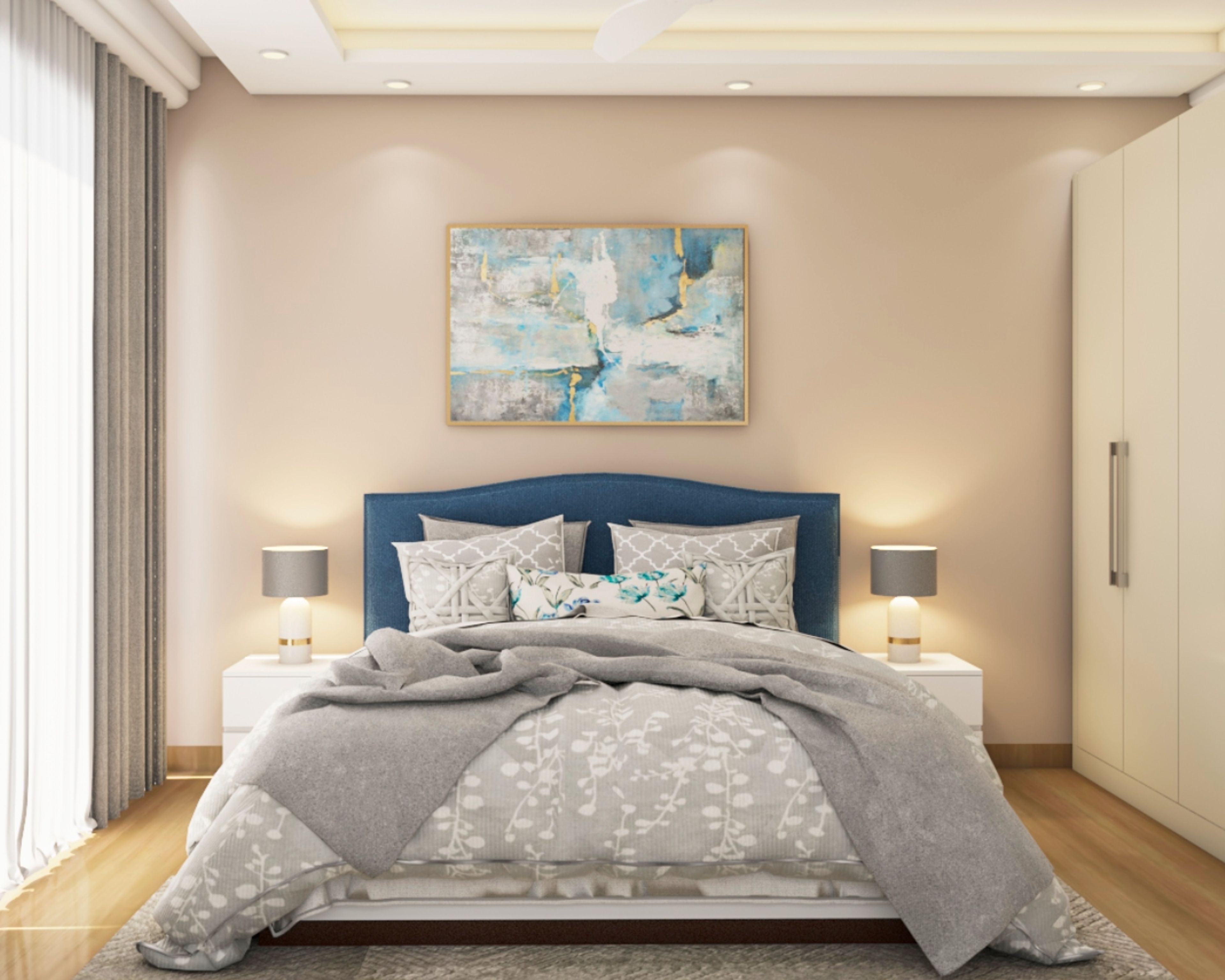 Modern Beige Bedroom Wall Paint Design With Wall Art