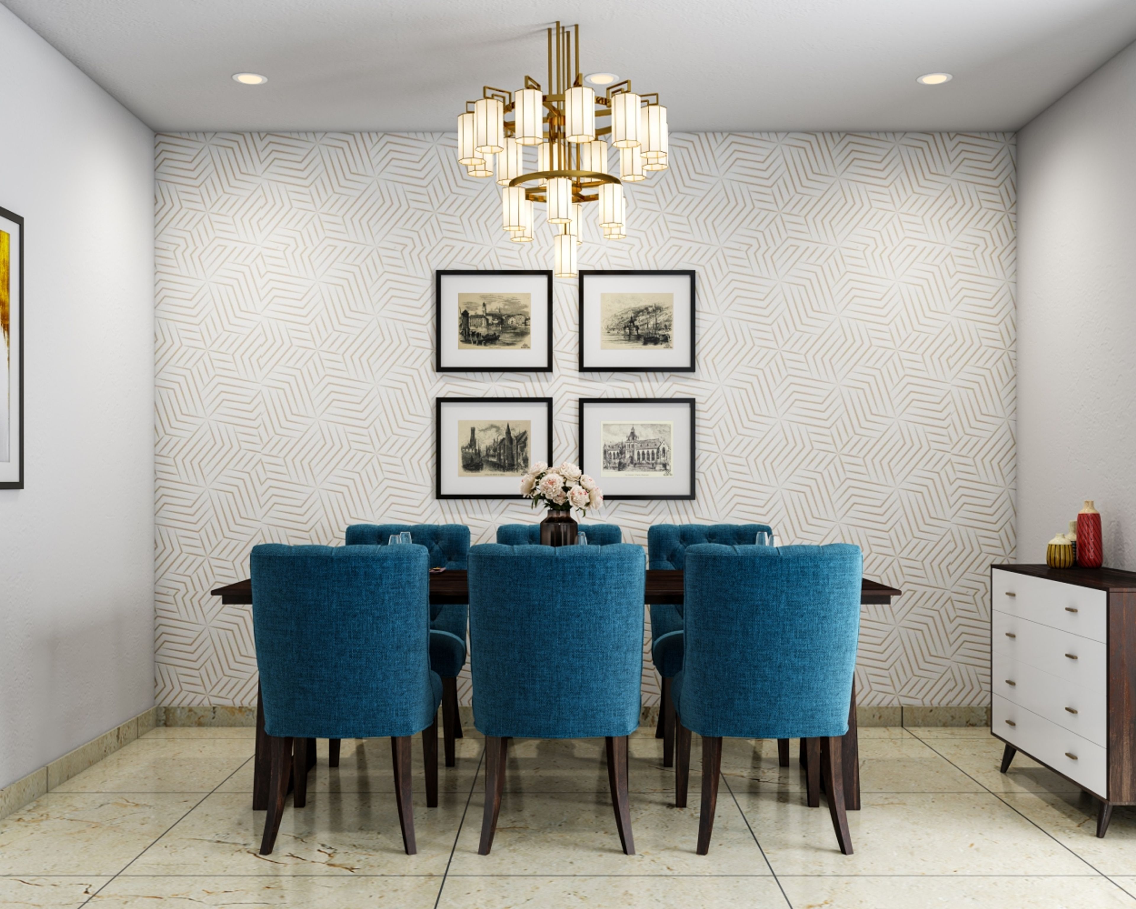 Abstract White And Brown Dining Room Wallpaper Design With 6-Seater Dining Table And Blue Chairs - Livspace