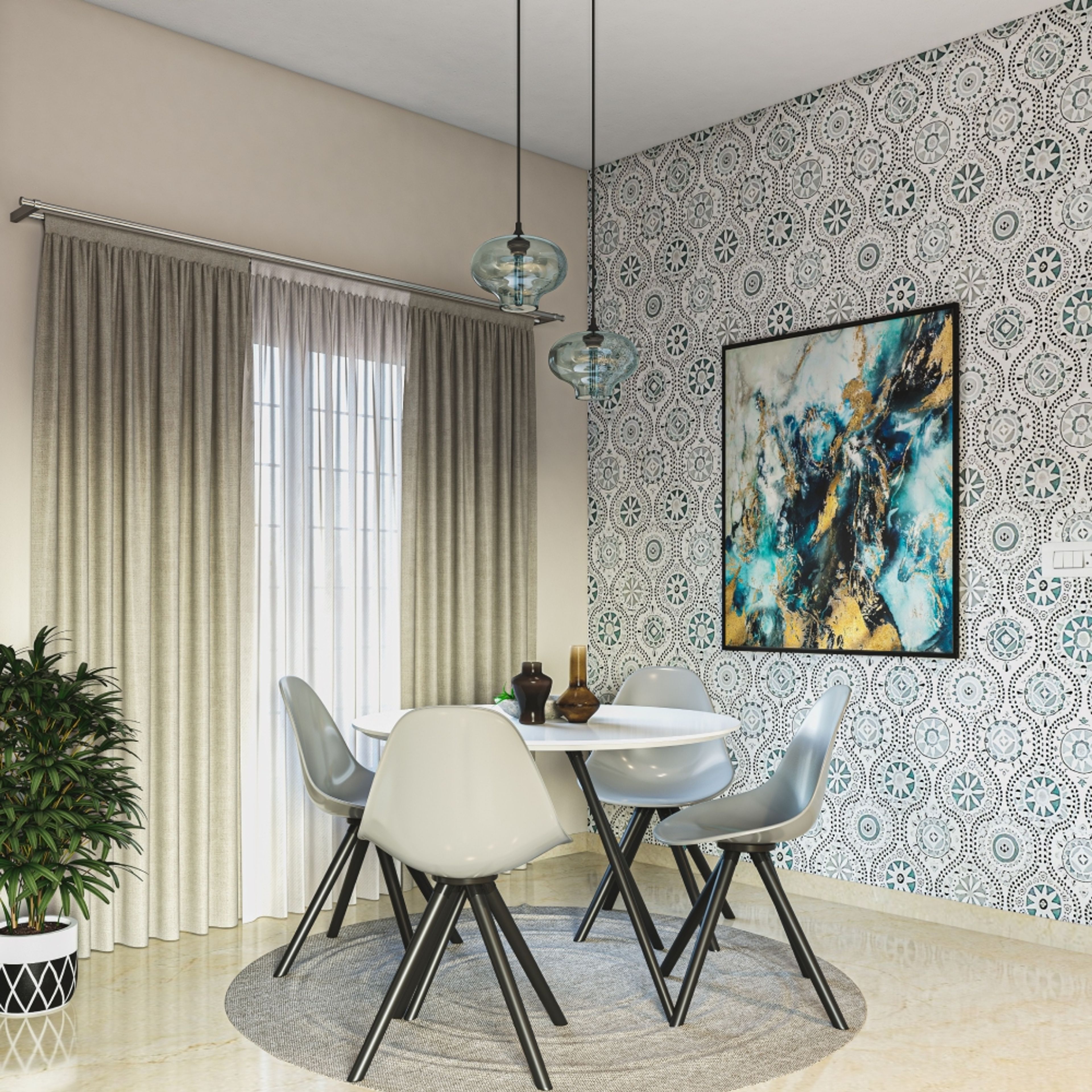 White And Blue Moroccan-Themed Dining Room Wallpaper Design - Livspace