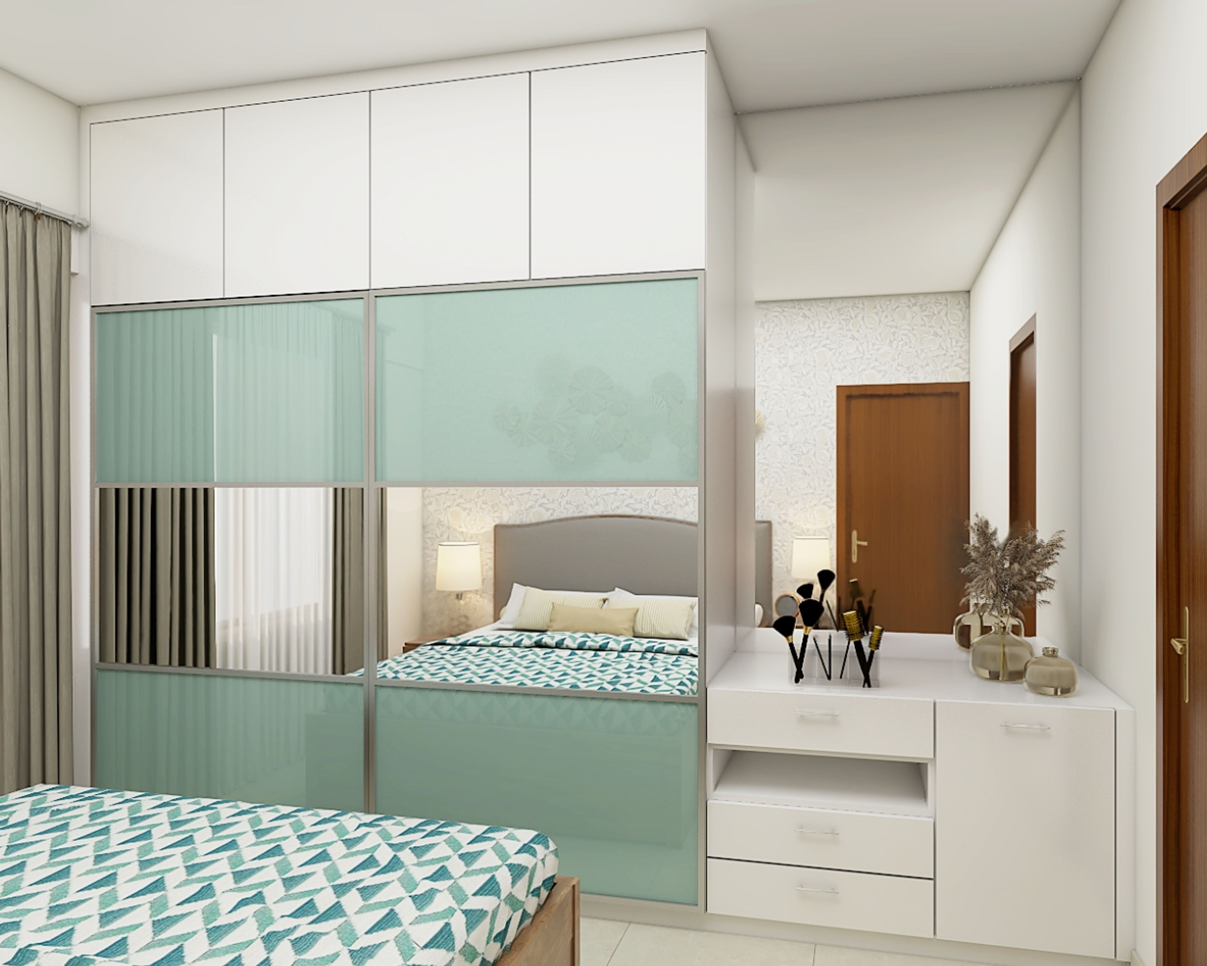 Contemporary 2-Door Blue And White Swing Wardrobe Design With Dressing Table And Mirror