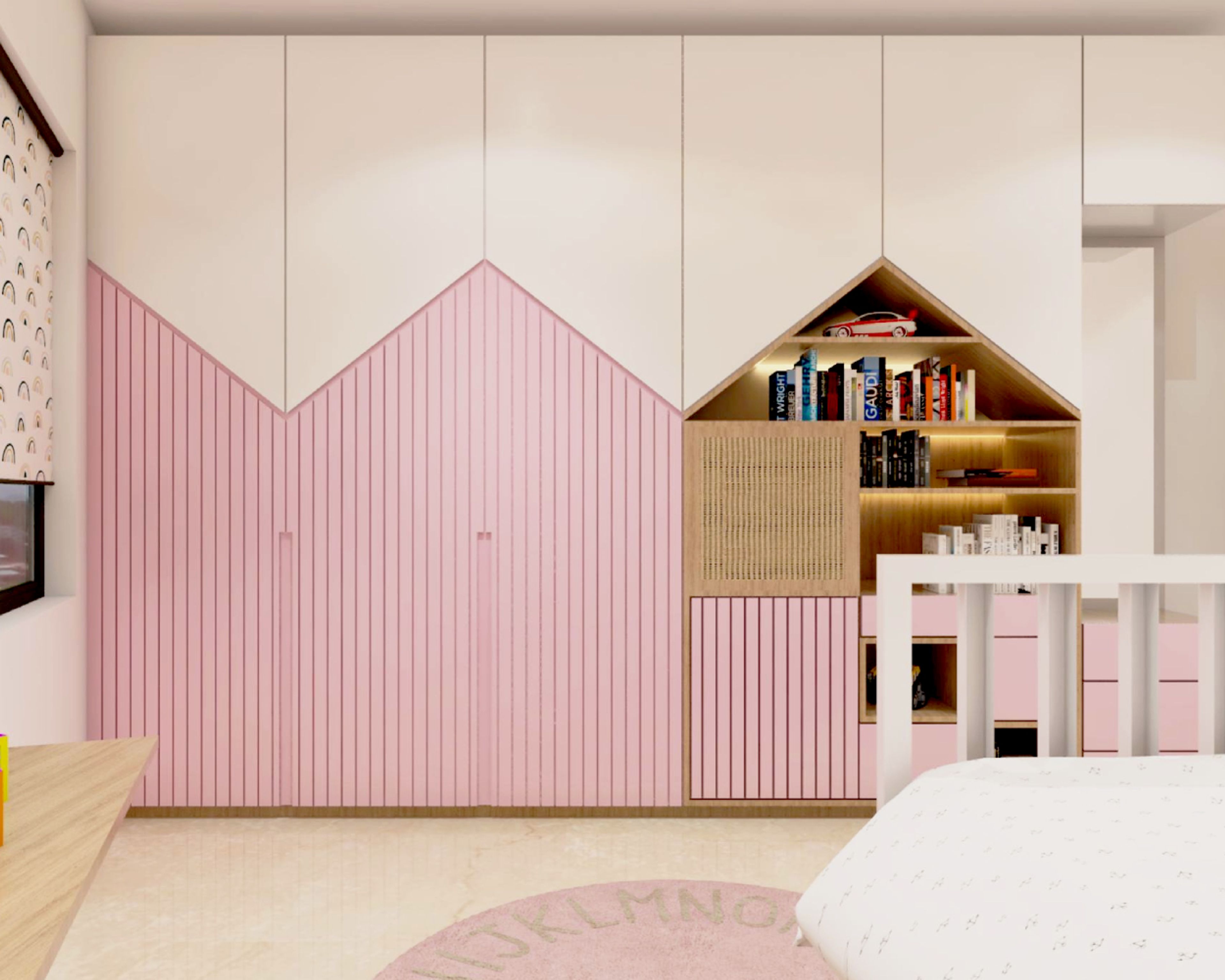 Modern 5-Door White And Pink Swing Wardrobe Design With Fluted Laminates