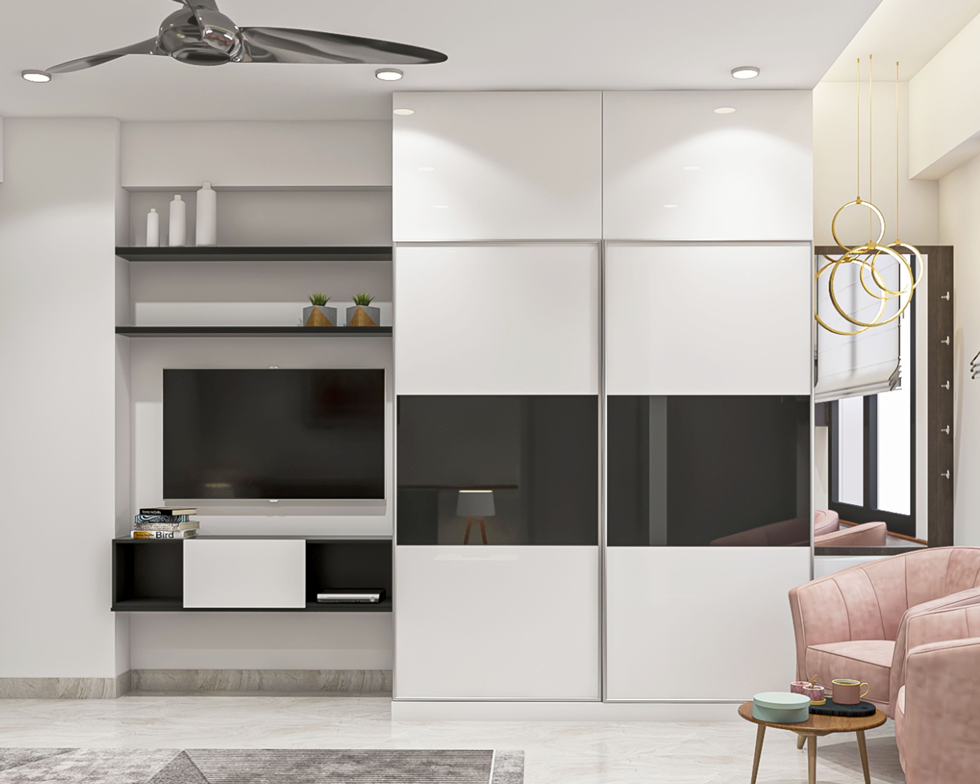 Modern White And Grey Sliding Door Wardrobe Design With Integrated TV Unit