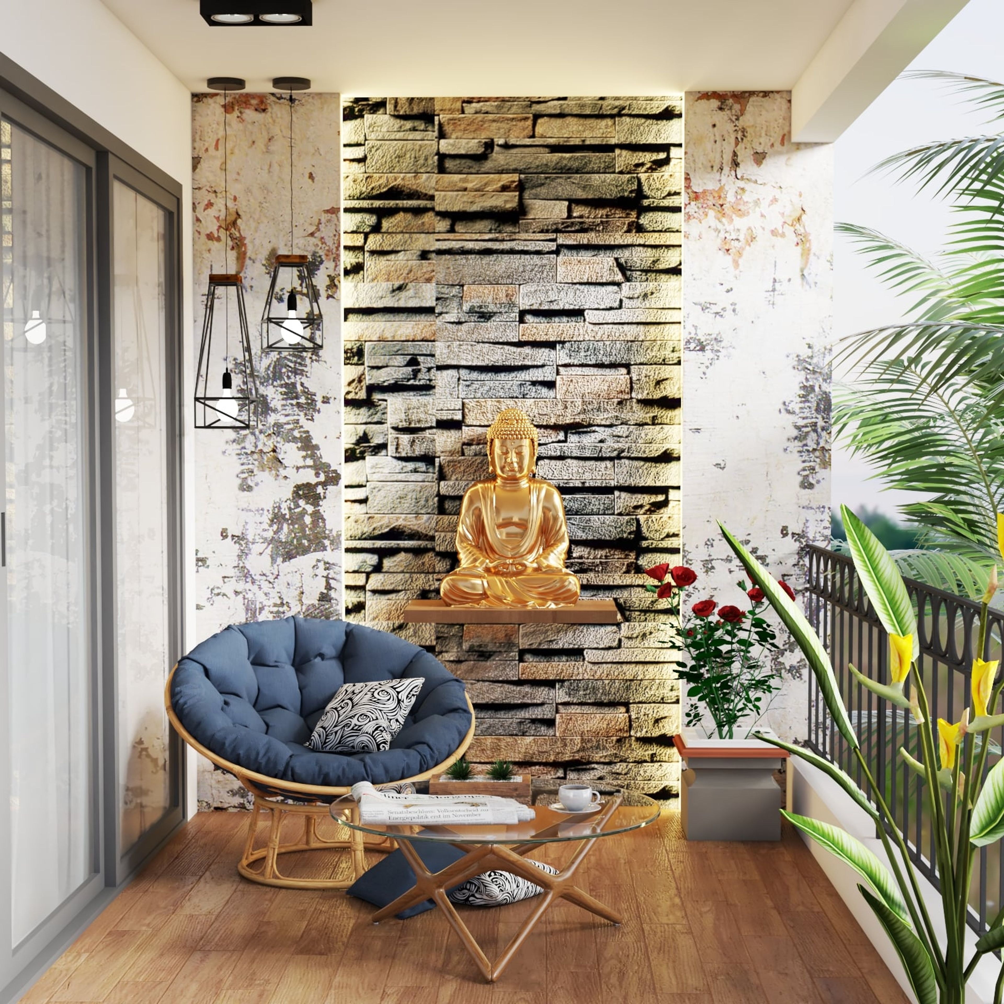 Balcony Design With Stone Wall Cladding And Wood Flooring - Livspace