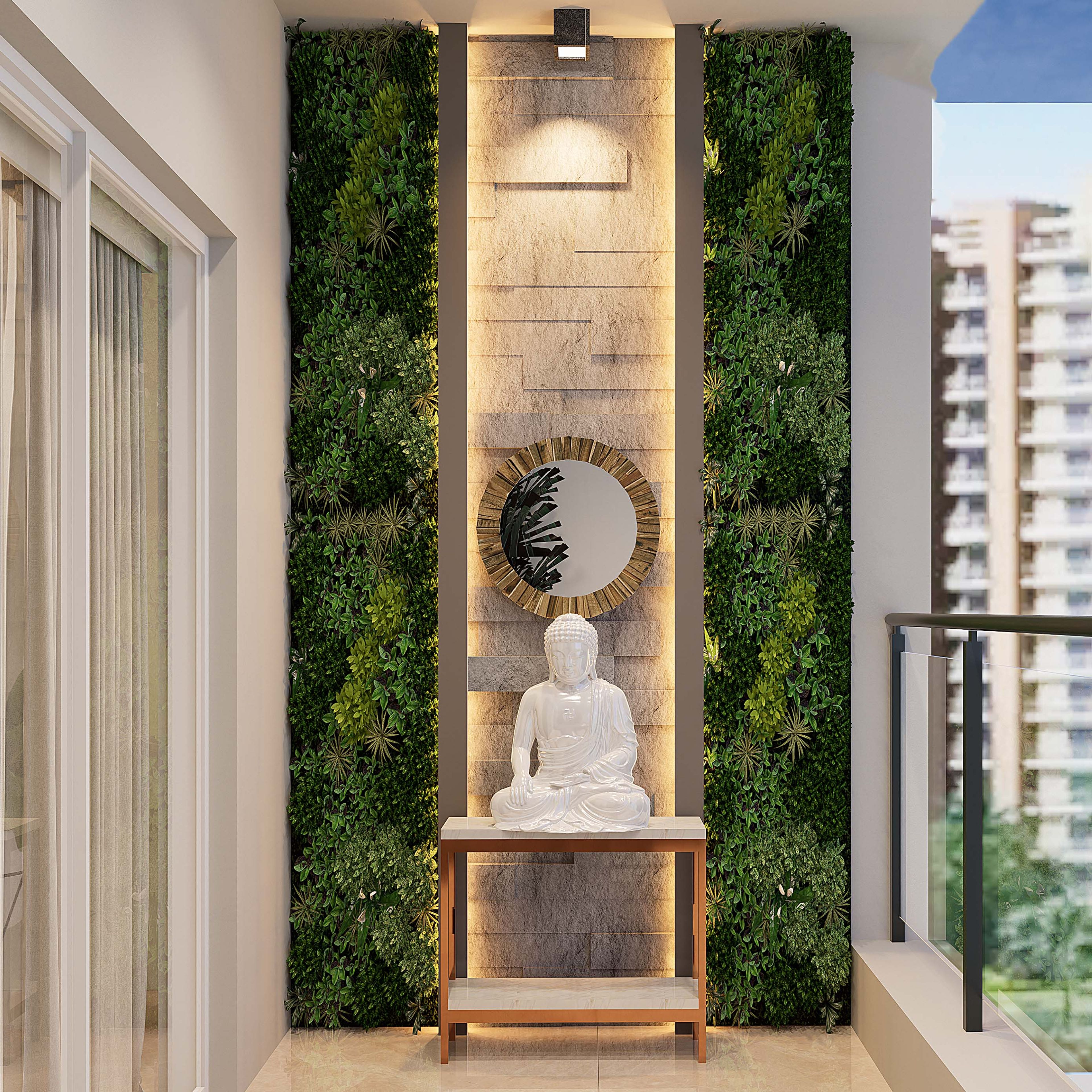 Compact Front Balcony Design With Wall Cladding