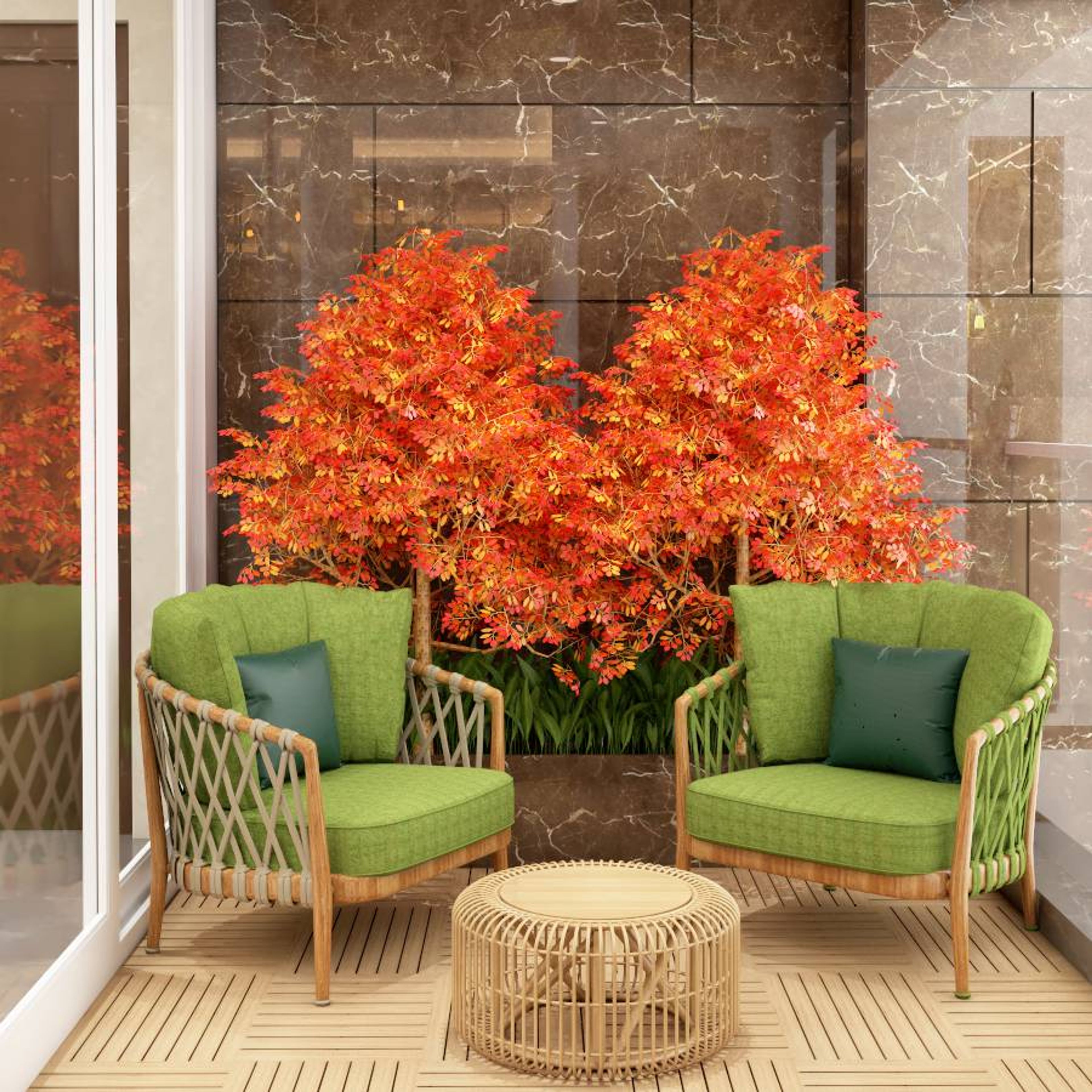 Contemporary Balcony Design With 2 Green Cushioned Chairs