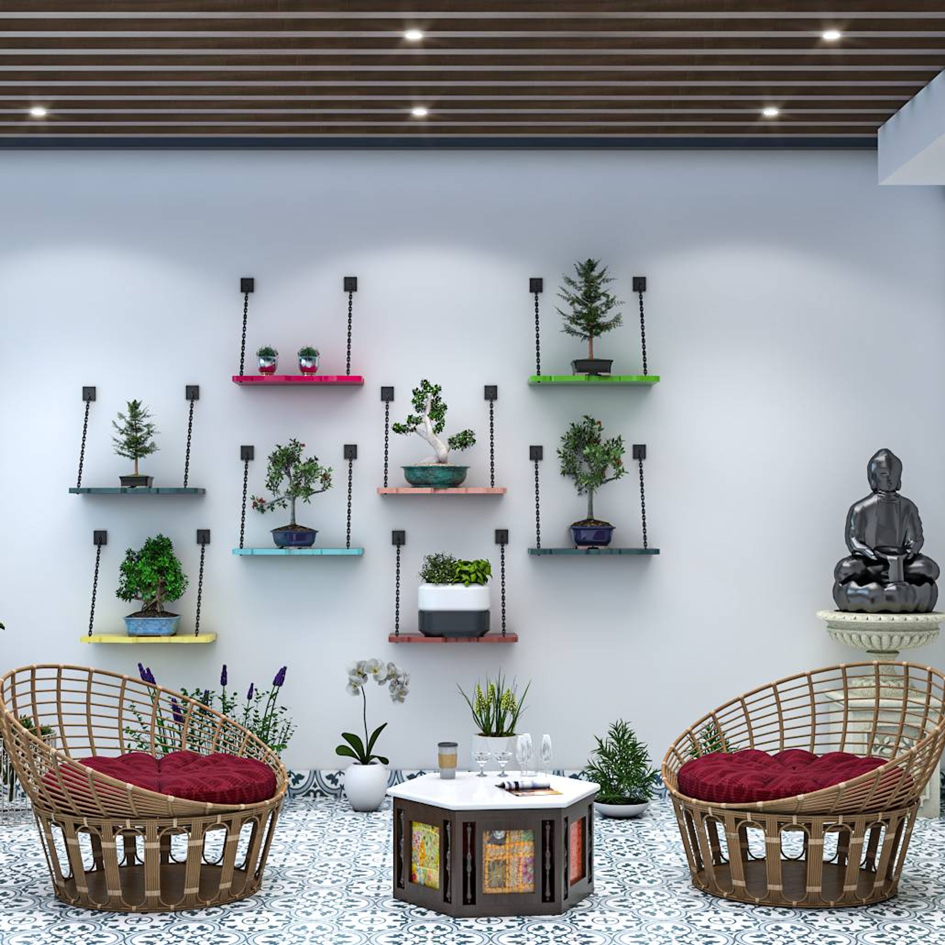 Balcony Design With 2 Accent Chairs And Patterned Floor Tiles - Livspace