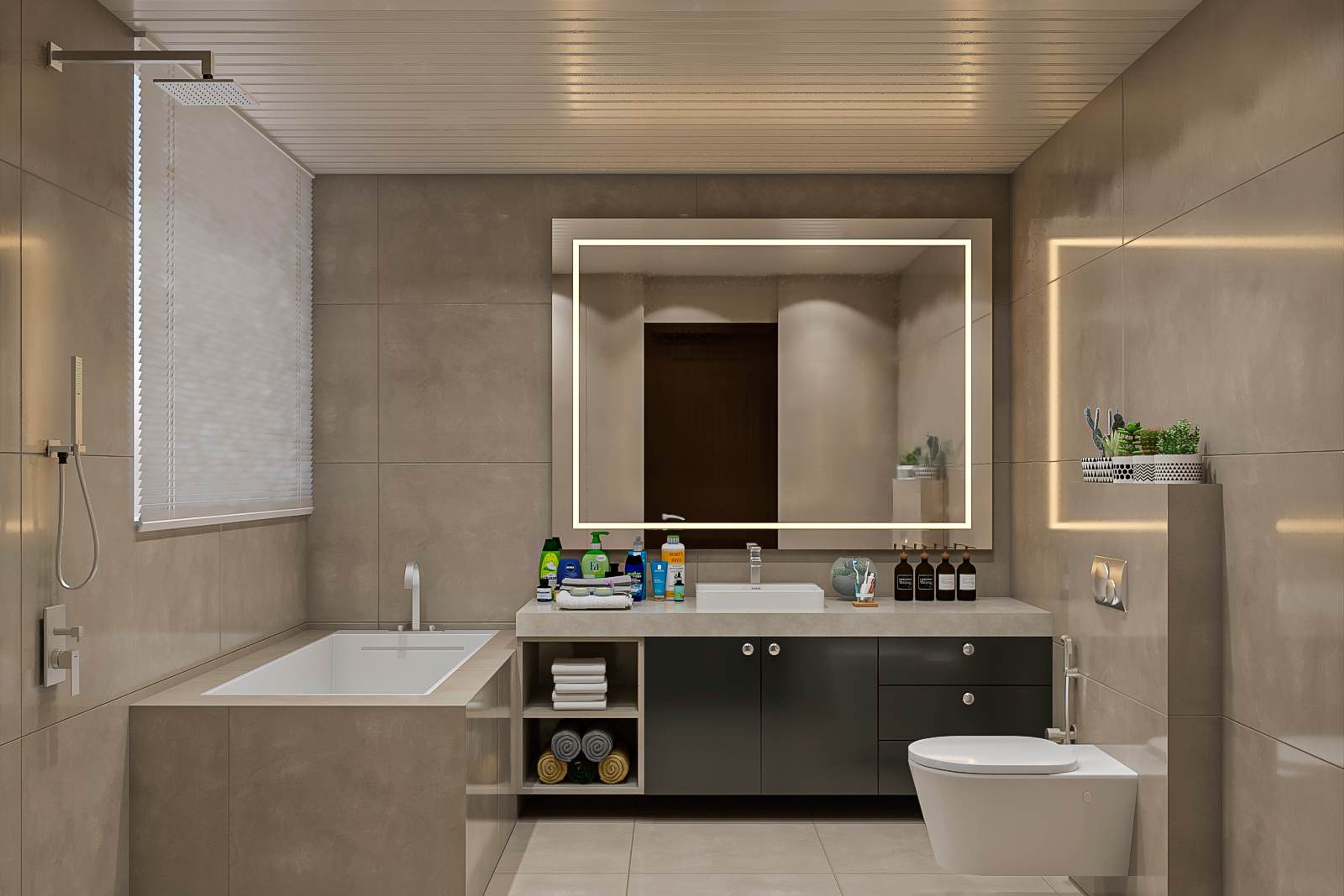 Spacious Beige Washroom Design With A Bathtub