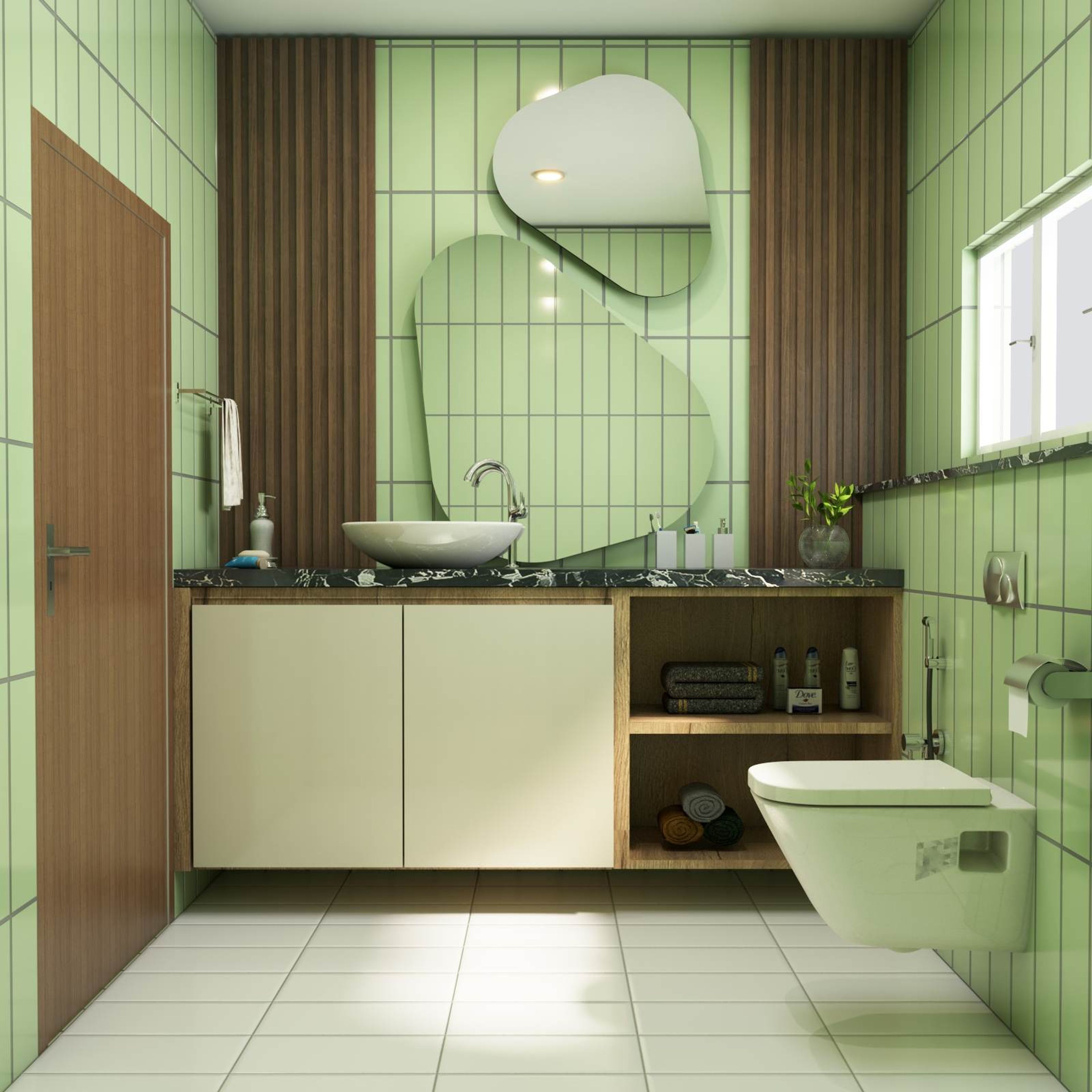 Green And White Modern Bathroom Design With Wooden Details