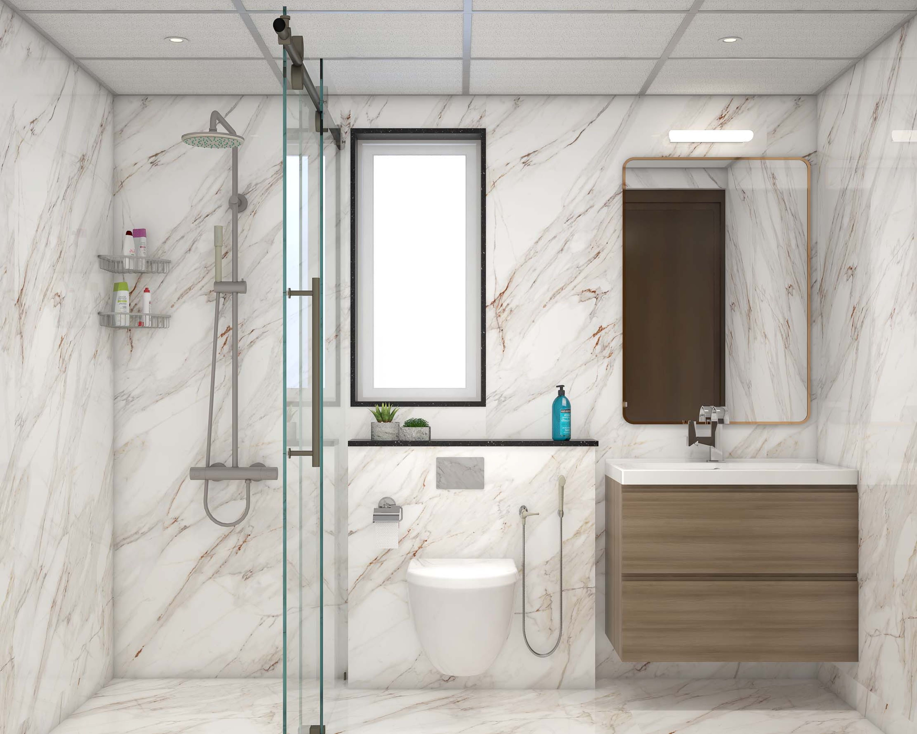 Modern Bathroom Design With White Splashed Marble