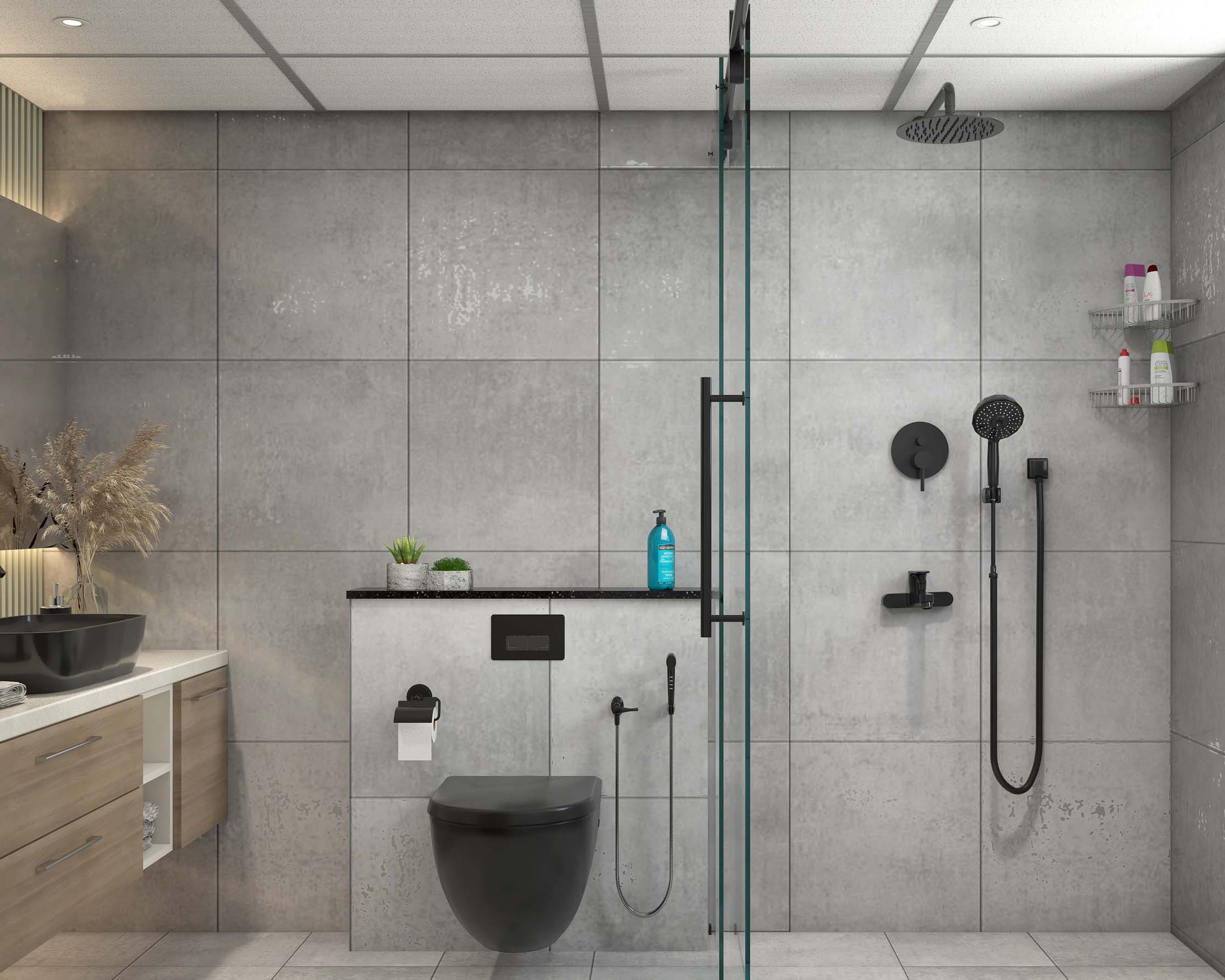 Modern Bathroom Design With Textured Grey Vitrified Tiles
