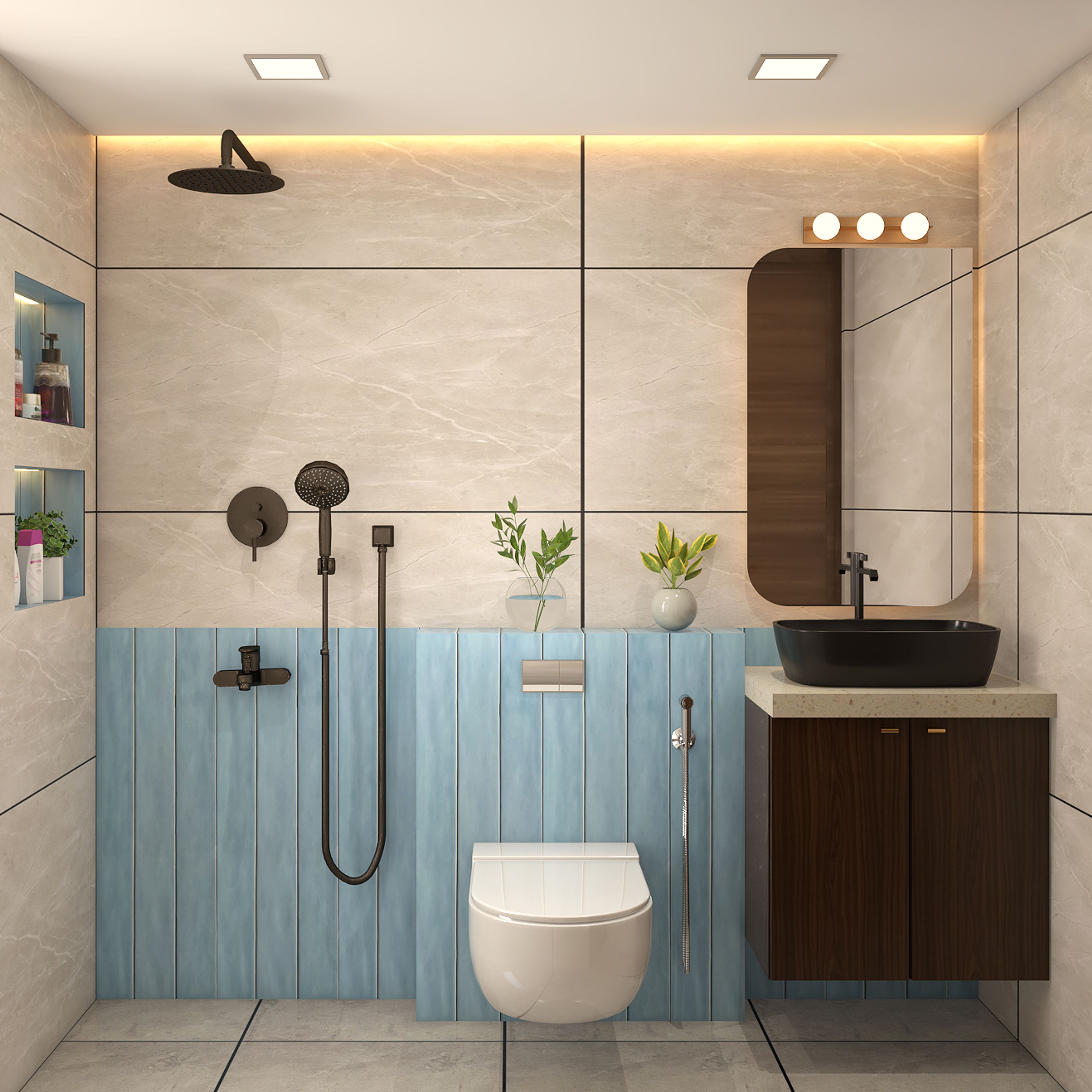 Modern Blue And Beige Bathroom Design