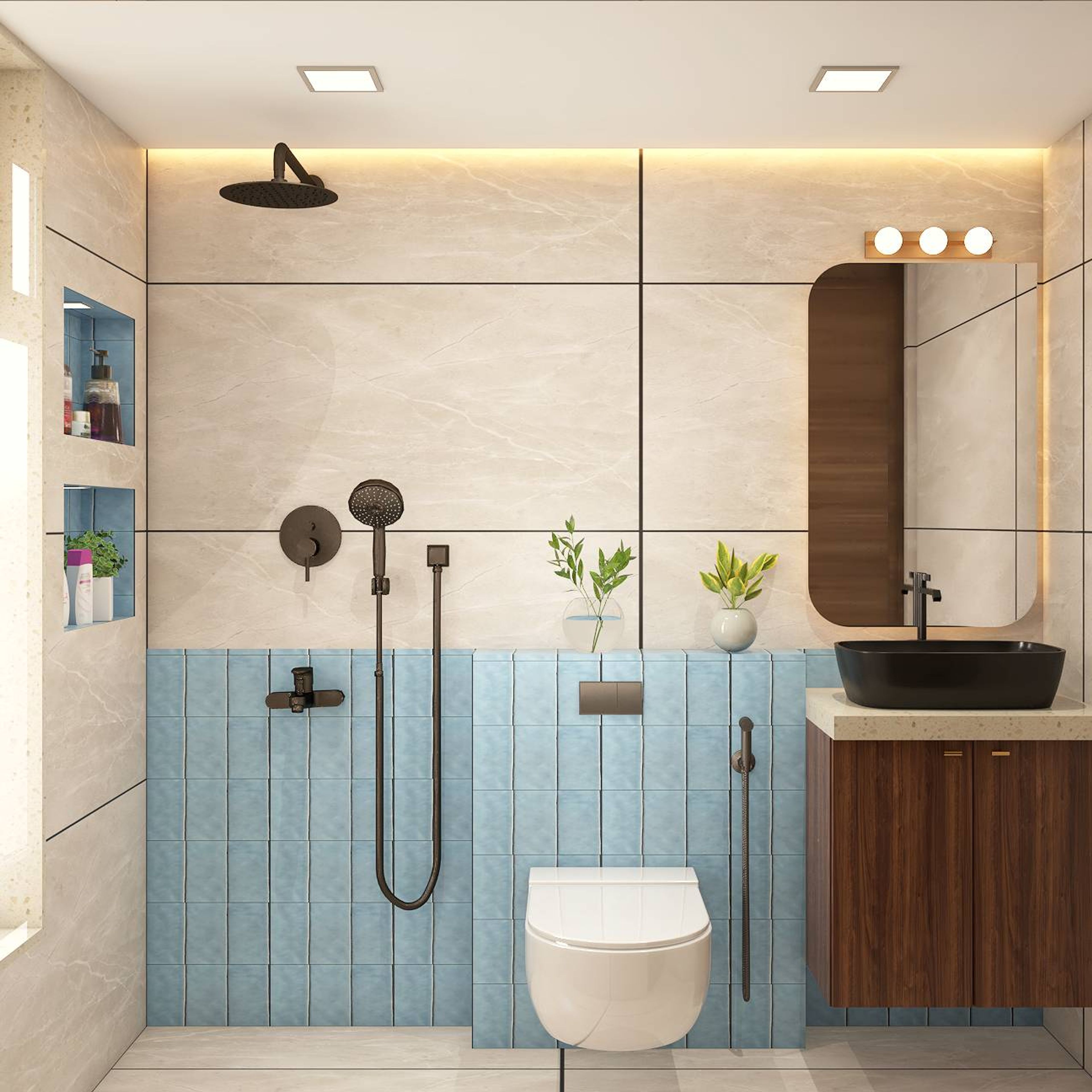 Modern Bathroom Design With Blue And Beige Wall Tiles