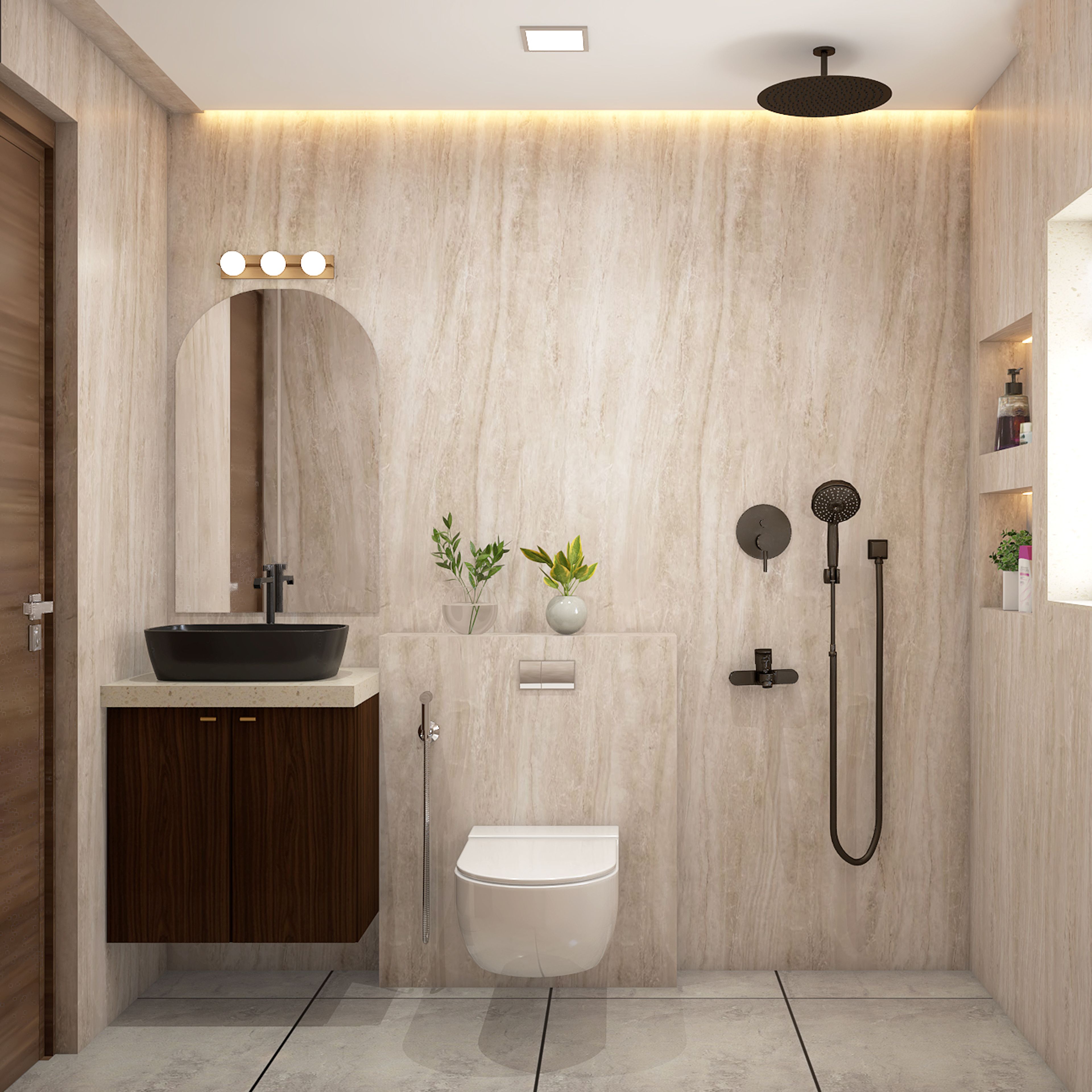 Contemporary Bathroom Design With Beige Stone Tiles