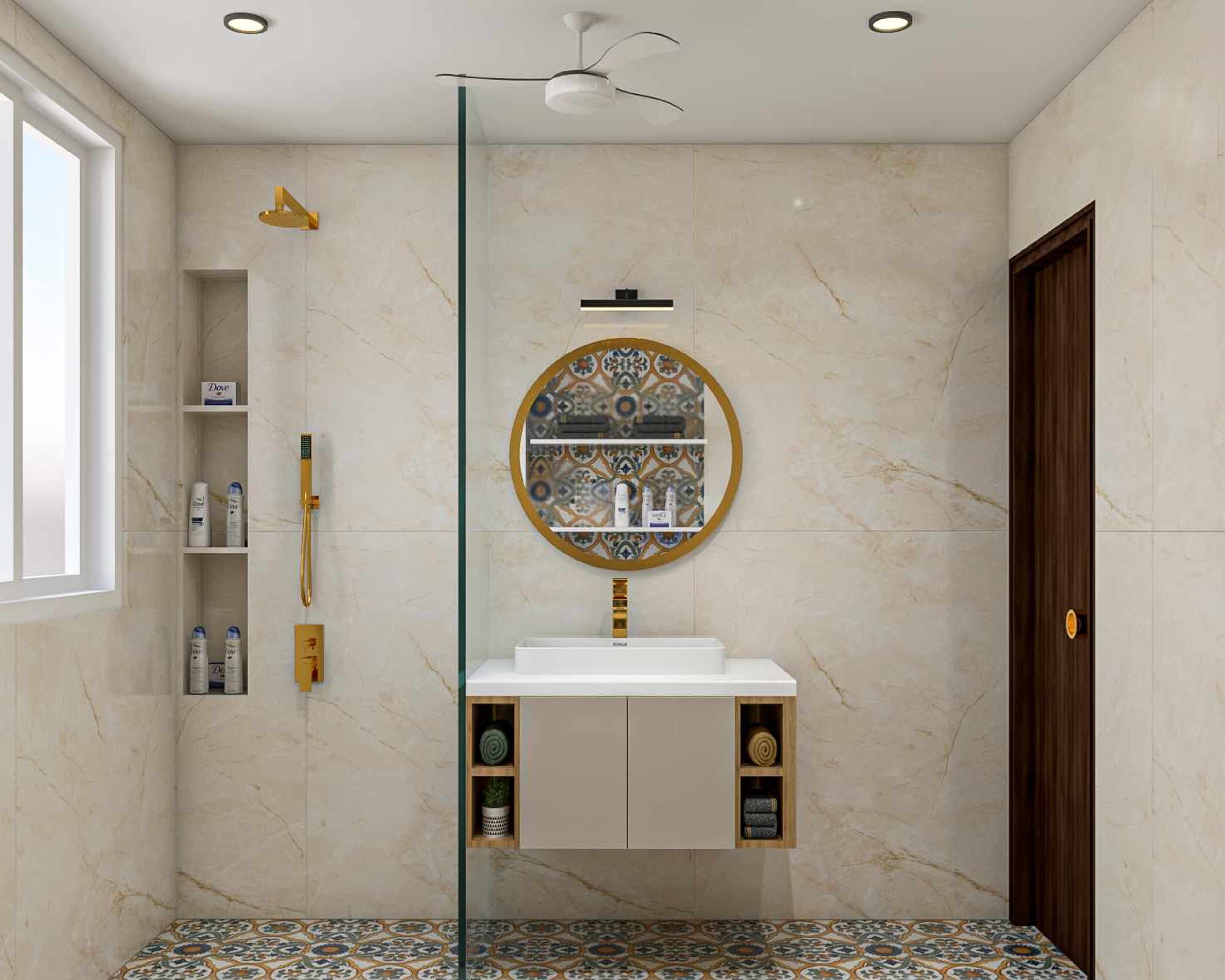 Classic Bathroom Design With Brass Fixtures And White Wall-Mounted Vanity Unit