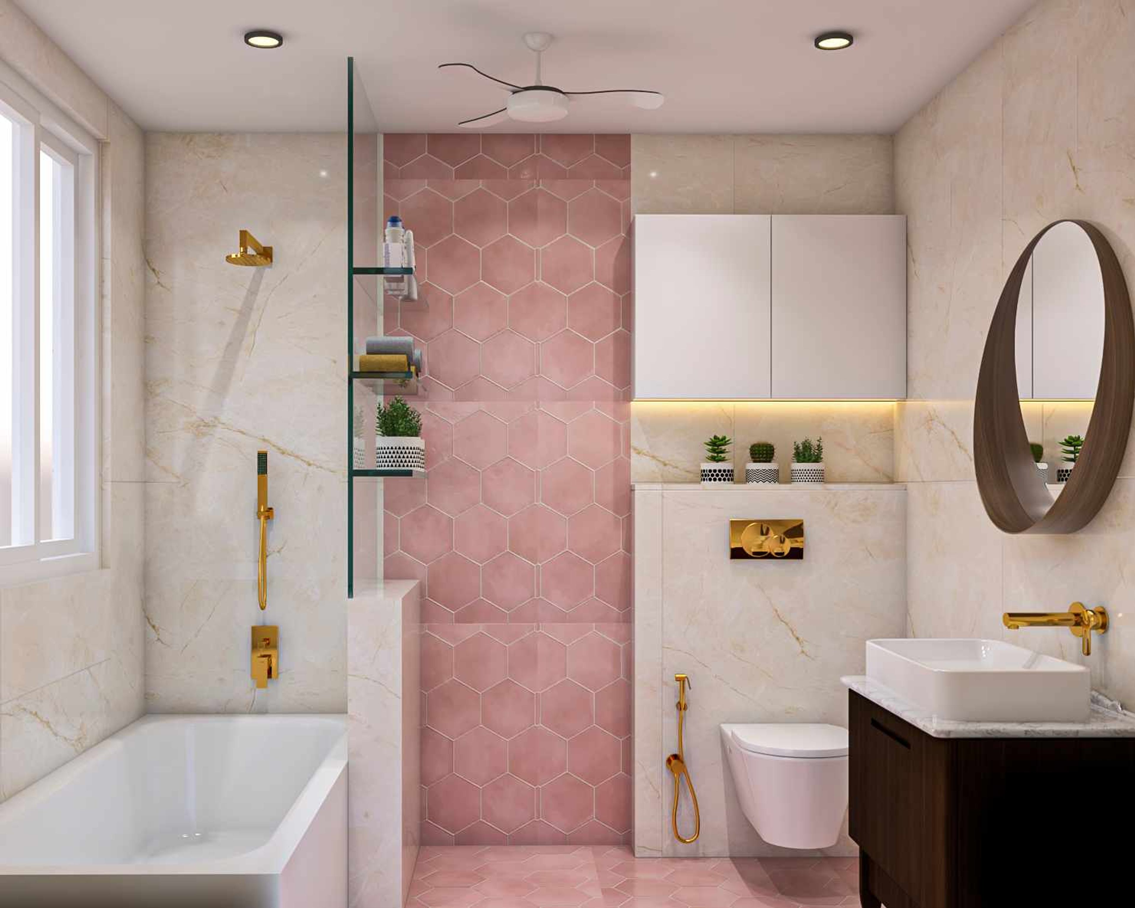Contemporary Bathroom Design With Mild Pink Highlighter Tiles And Bath Tub