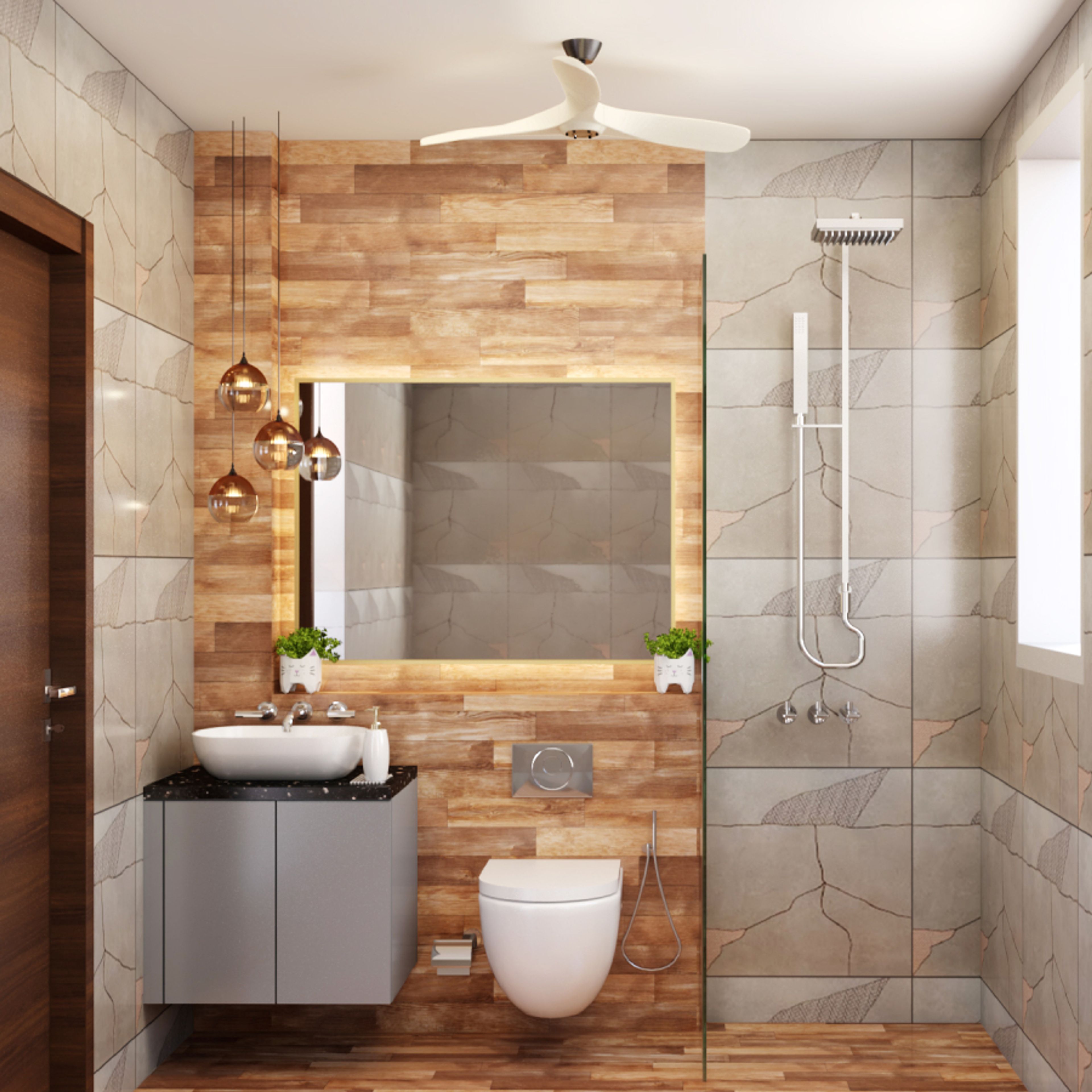 Modern Small Bathroom Idea With Brown Wooden Tiles