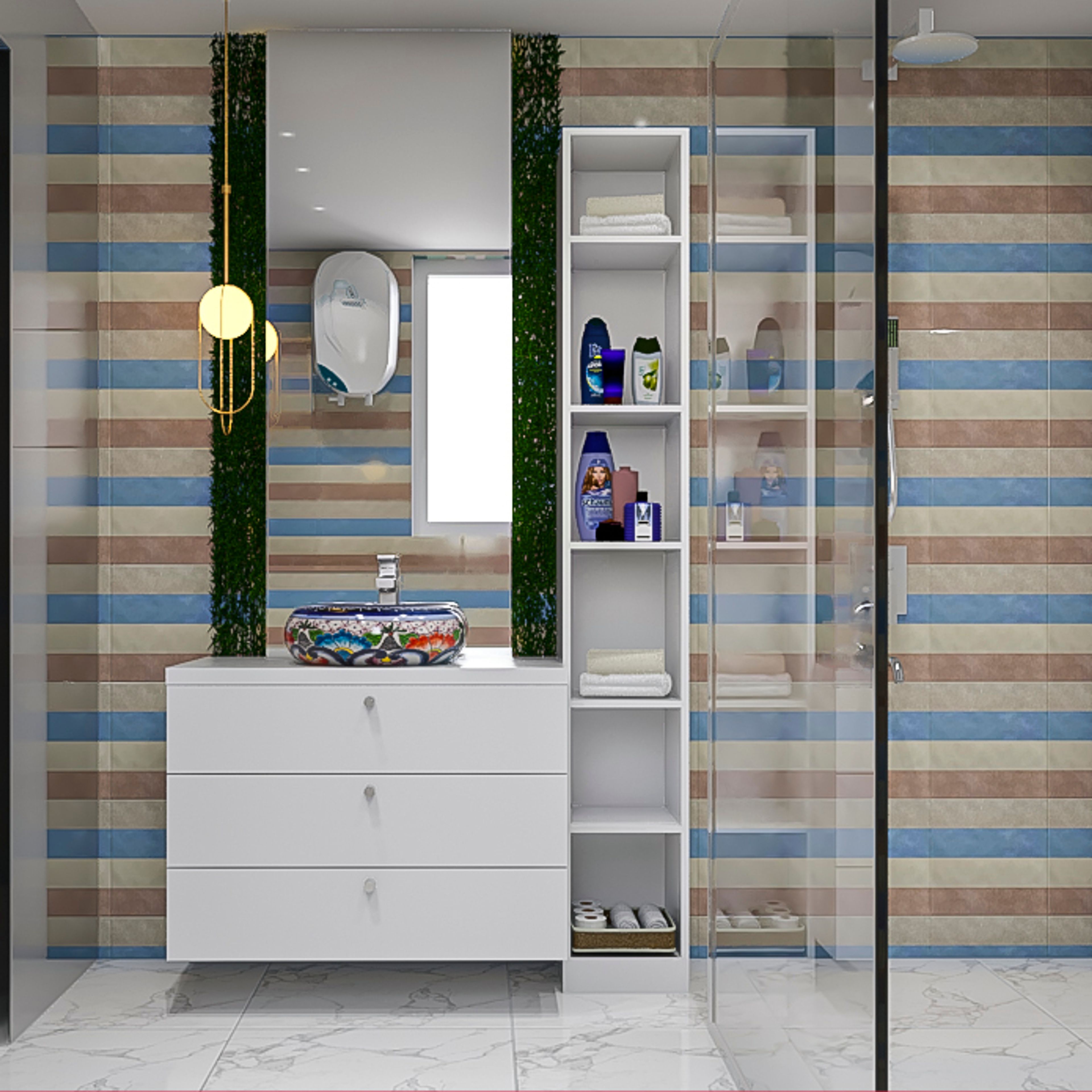 Eclectic Bathroom Design With Patterned Wall Tiles