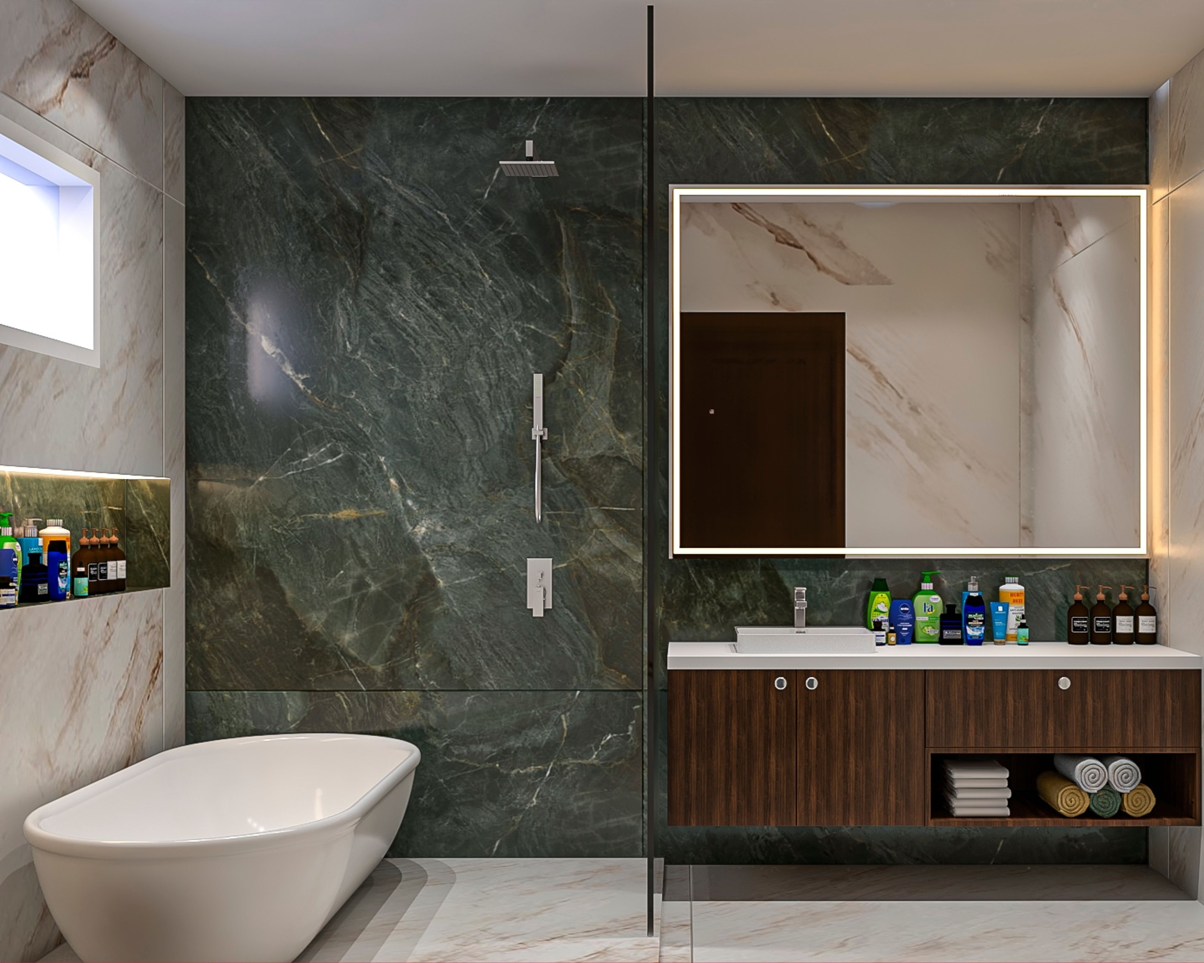 Spacious Bathroom with Lit Square Mirror