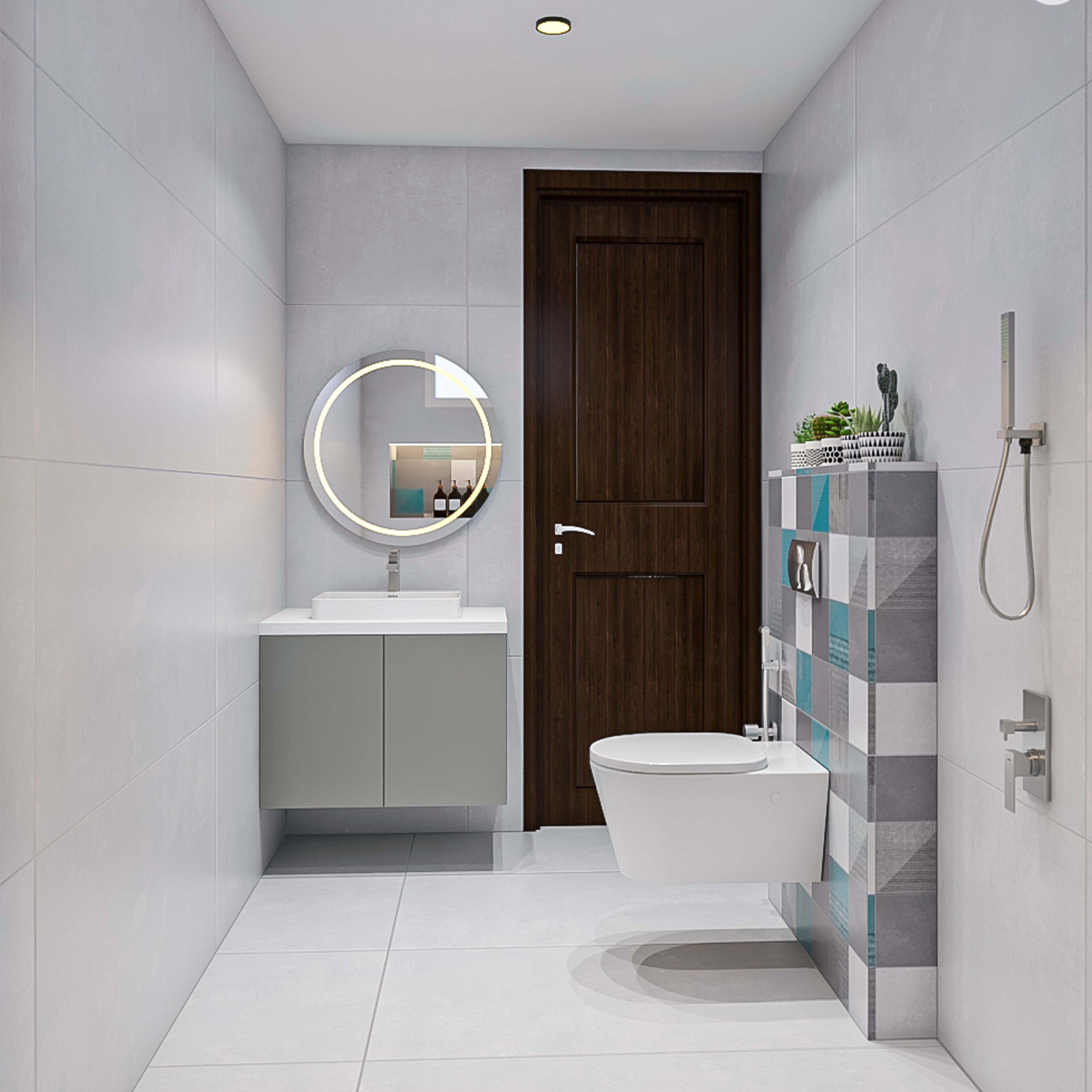 Compact Bathroom Design With Multicolour Tiles