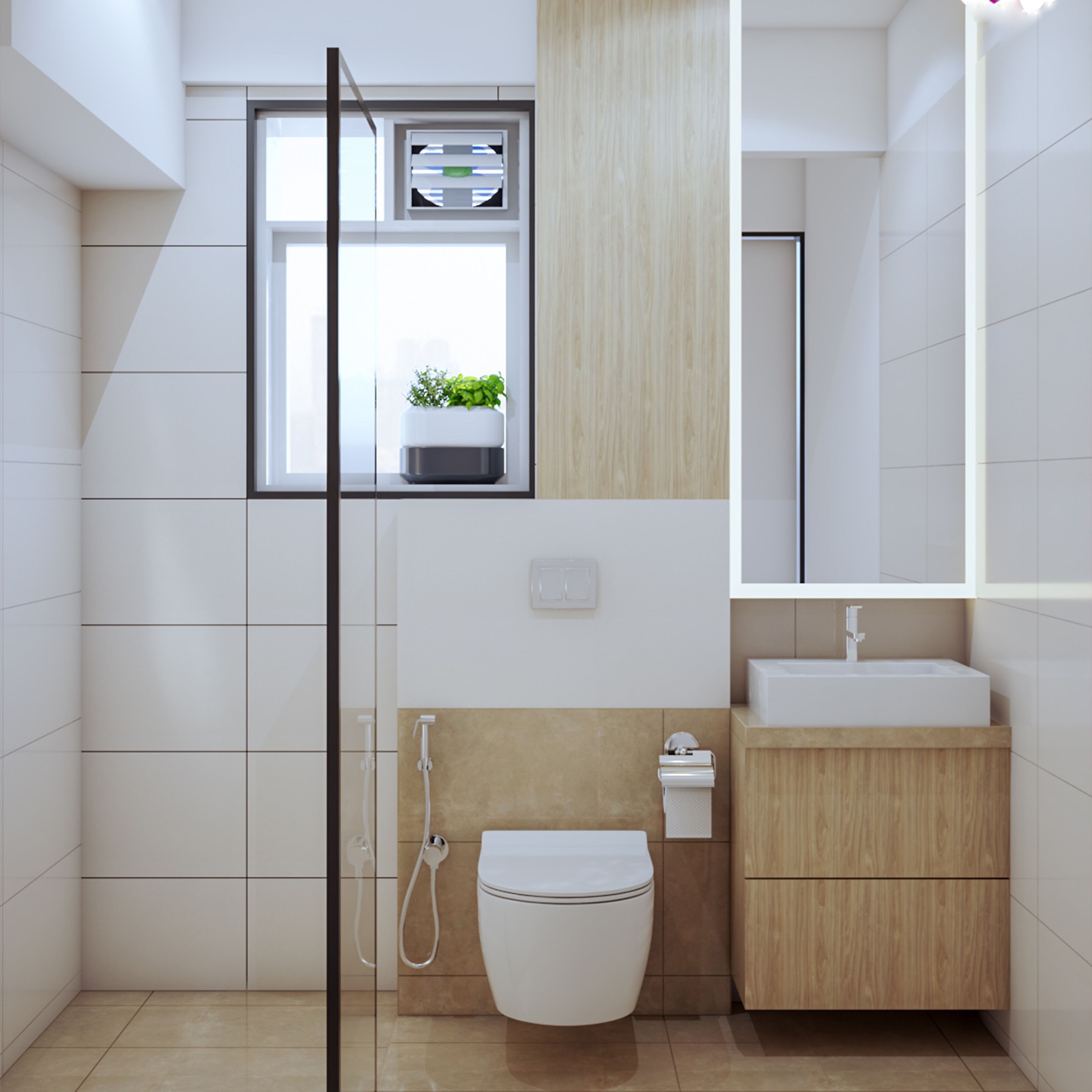 White And Beige Compact Bathroom Design