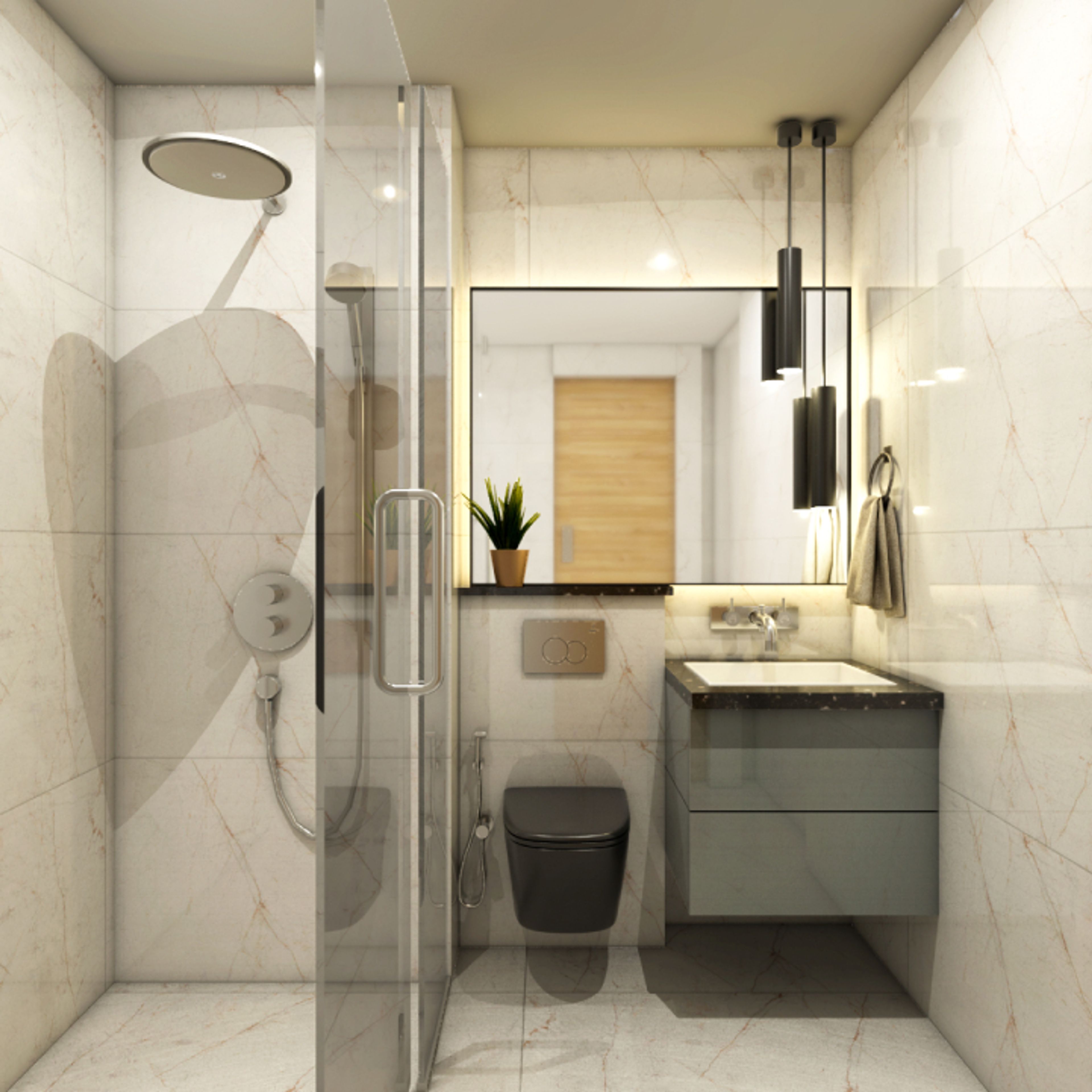 Modern Beige Bathroom Design With Storage Cabinets