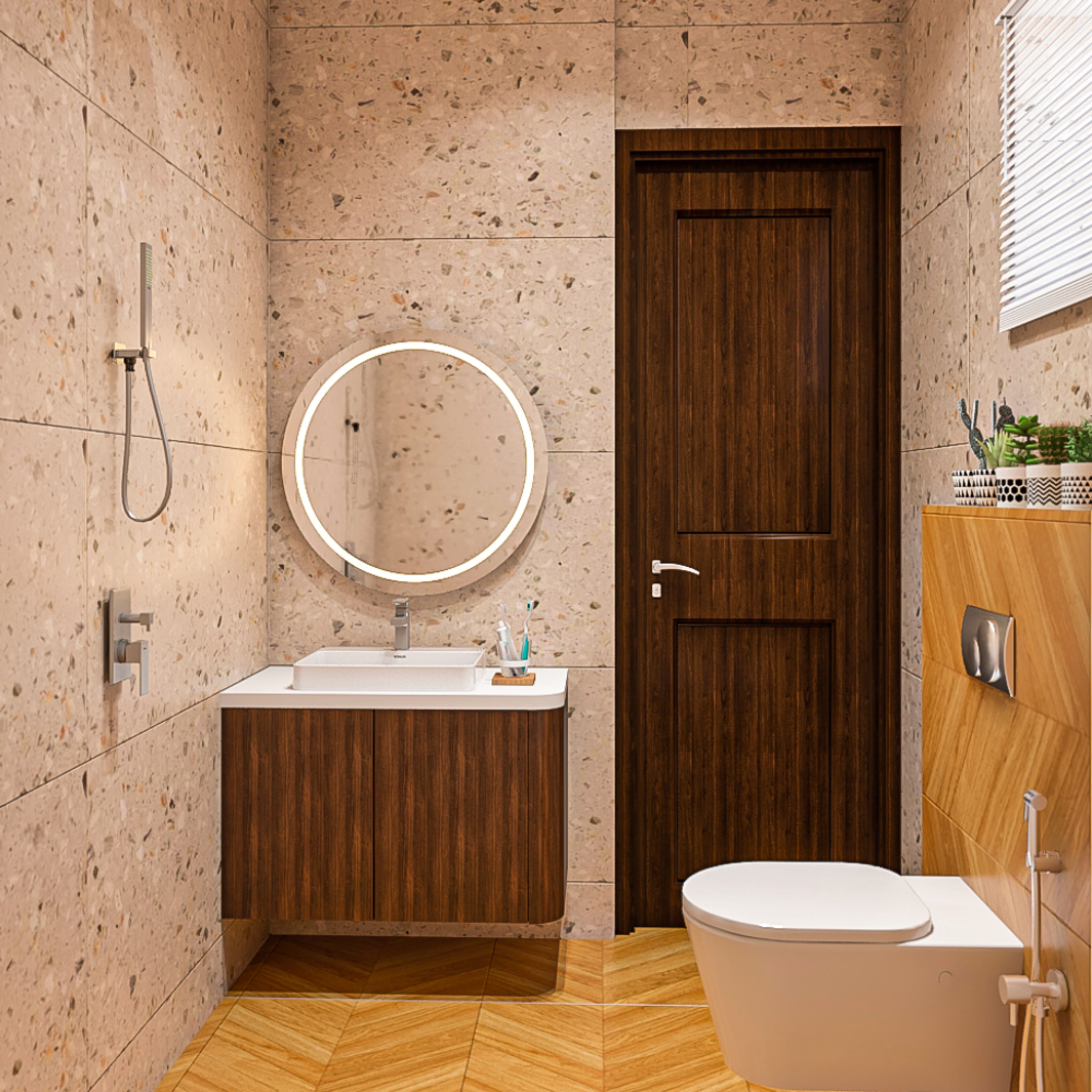 Modern Bathroom with Terrazo Wall Dado and Wooden Tiles