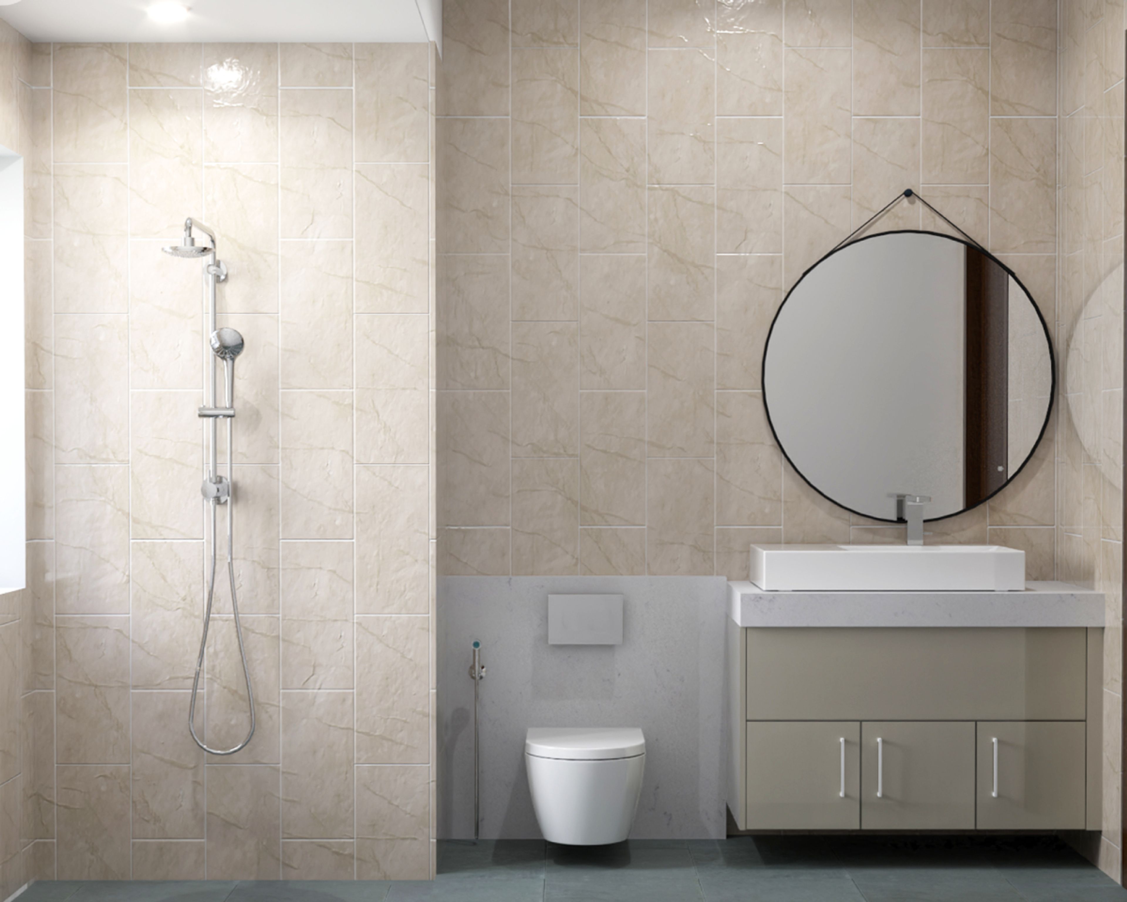 Modern Bathroom Design With Beige Vanity Unit
