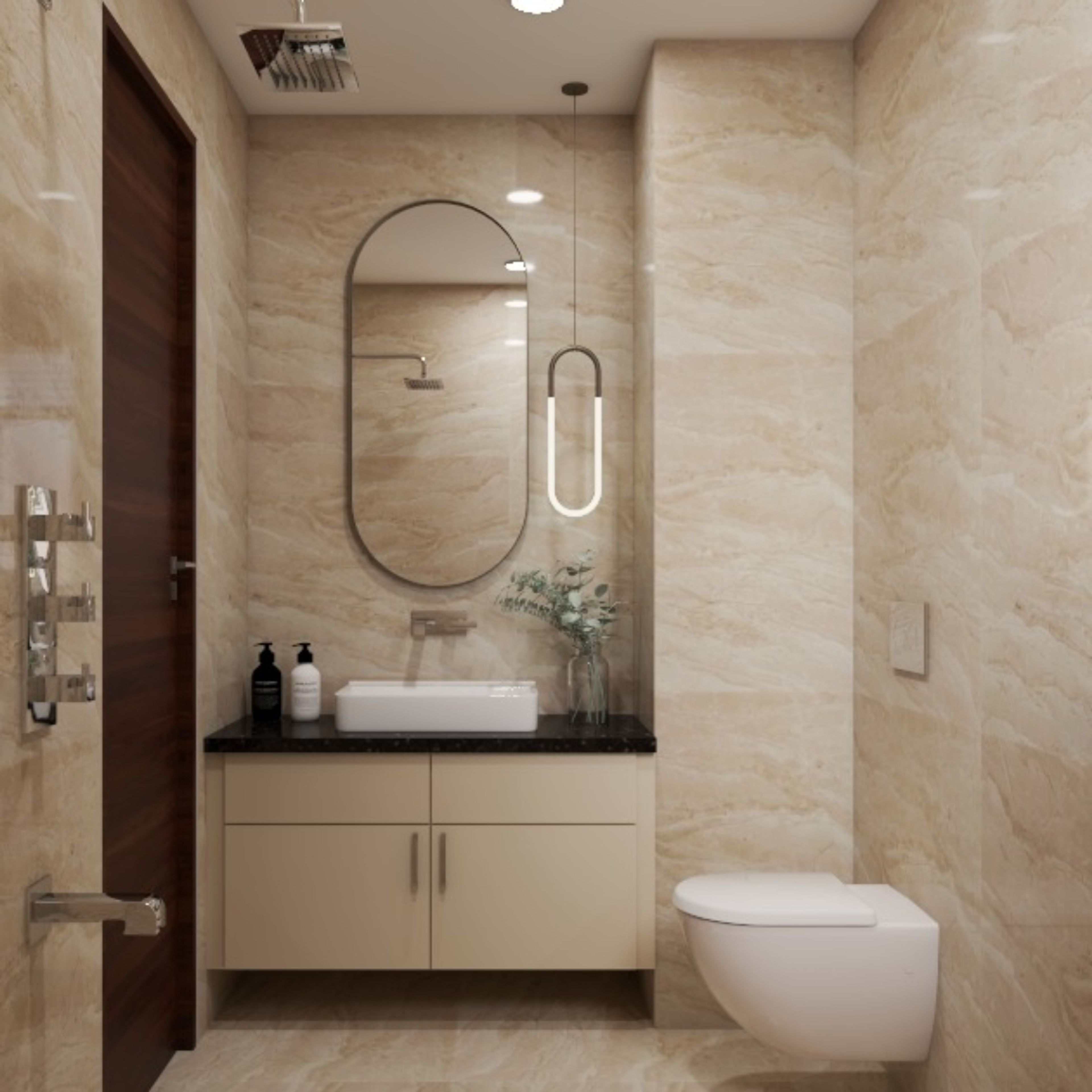 Modern Bathroom Design With Beige Wall Dado