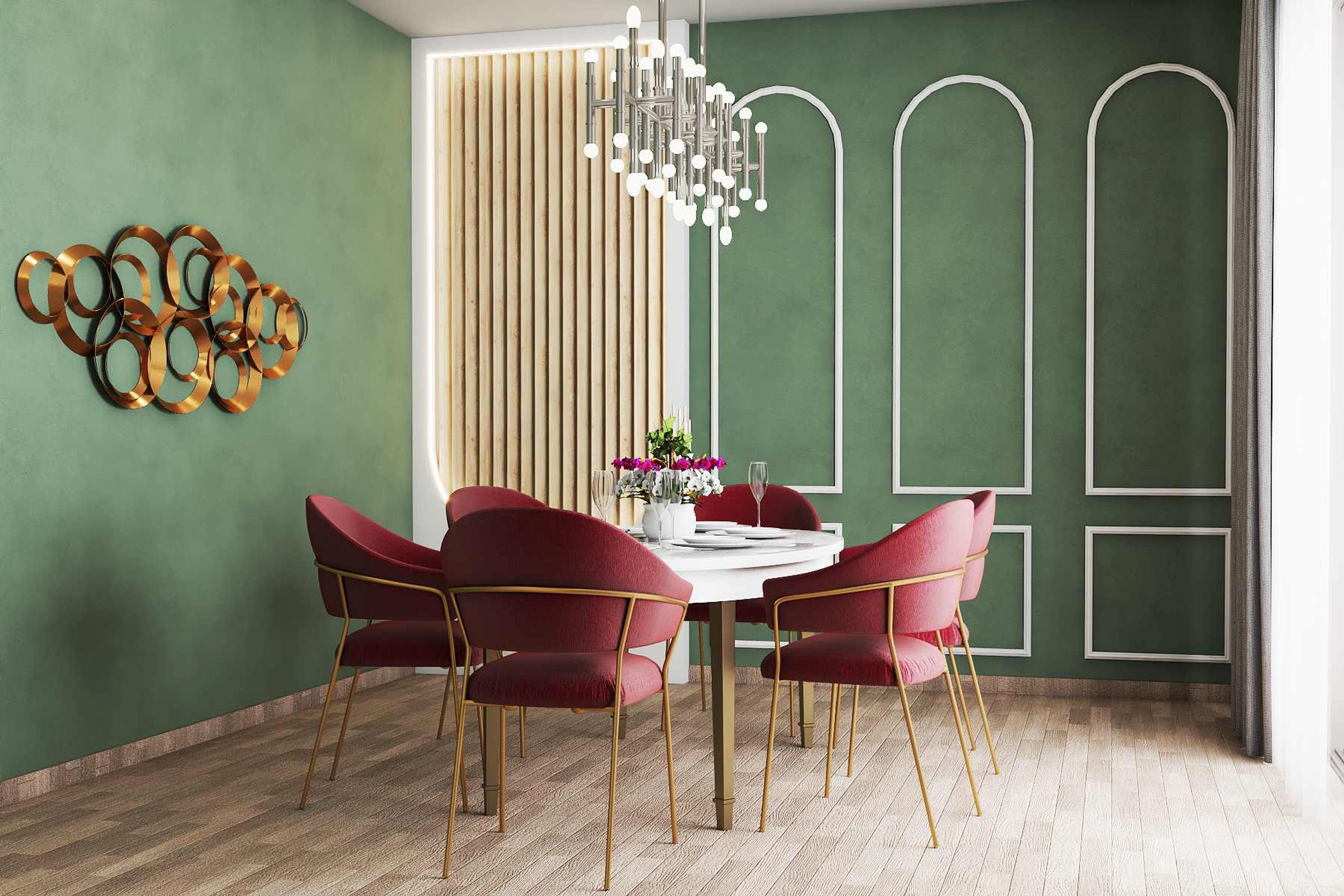 Contemporary Dining Hall Design With Red Upholstered Chairs