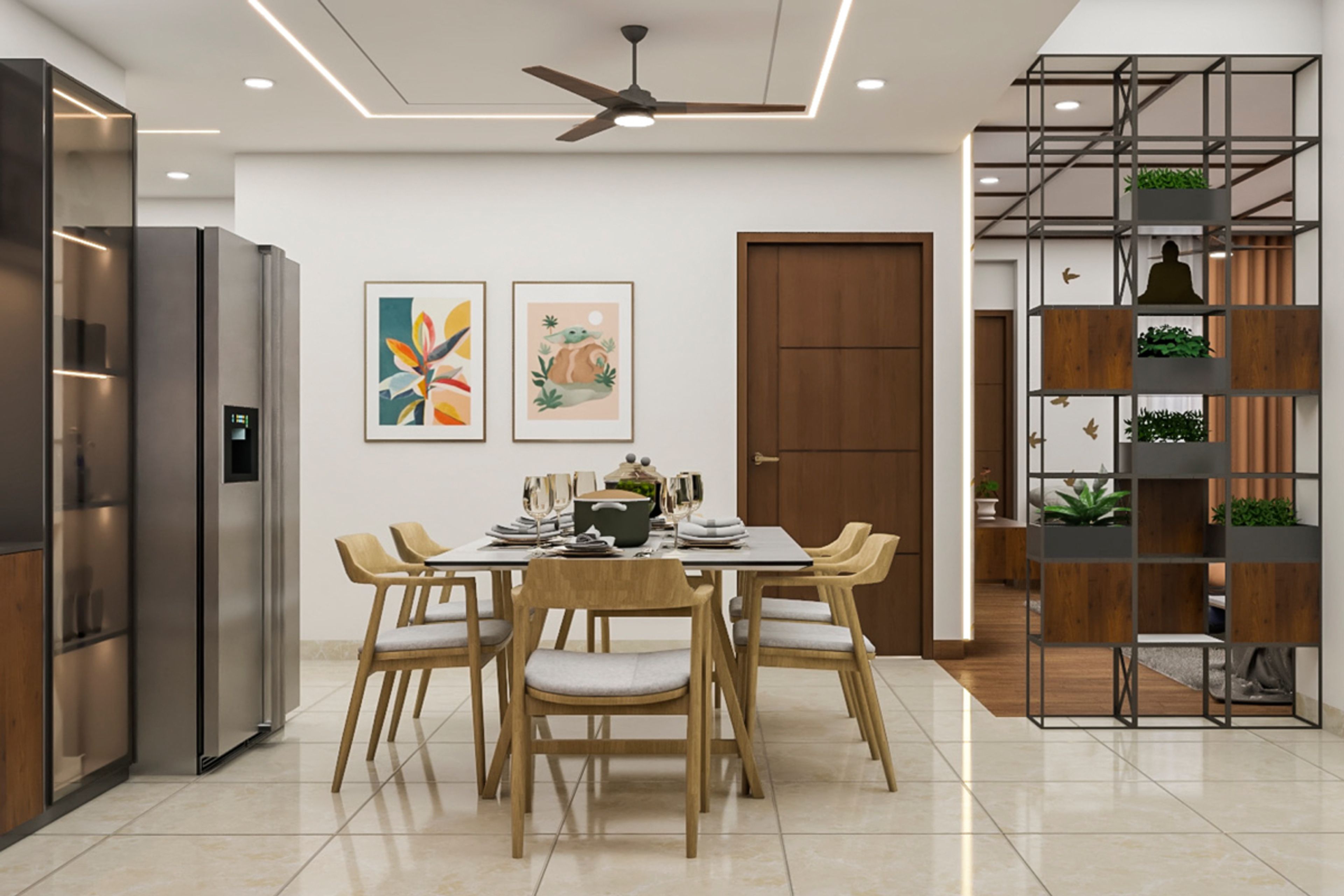 Modern 6-Seater Dining Room Design With Wooden Frame