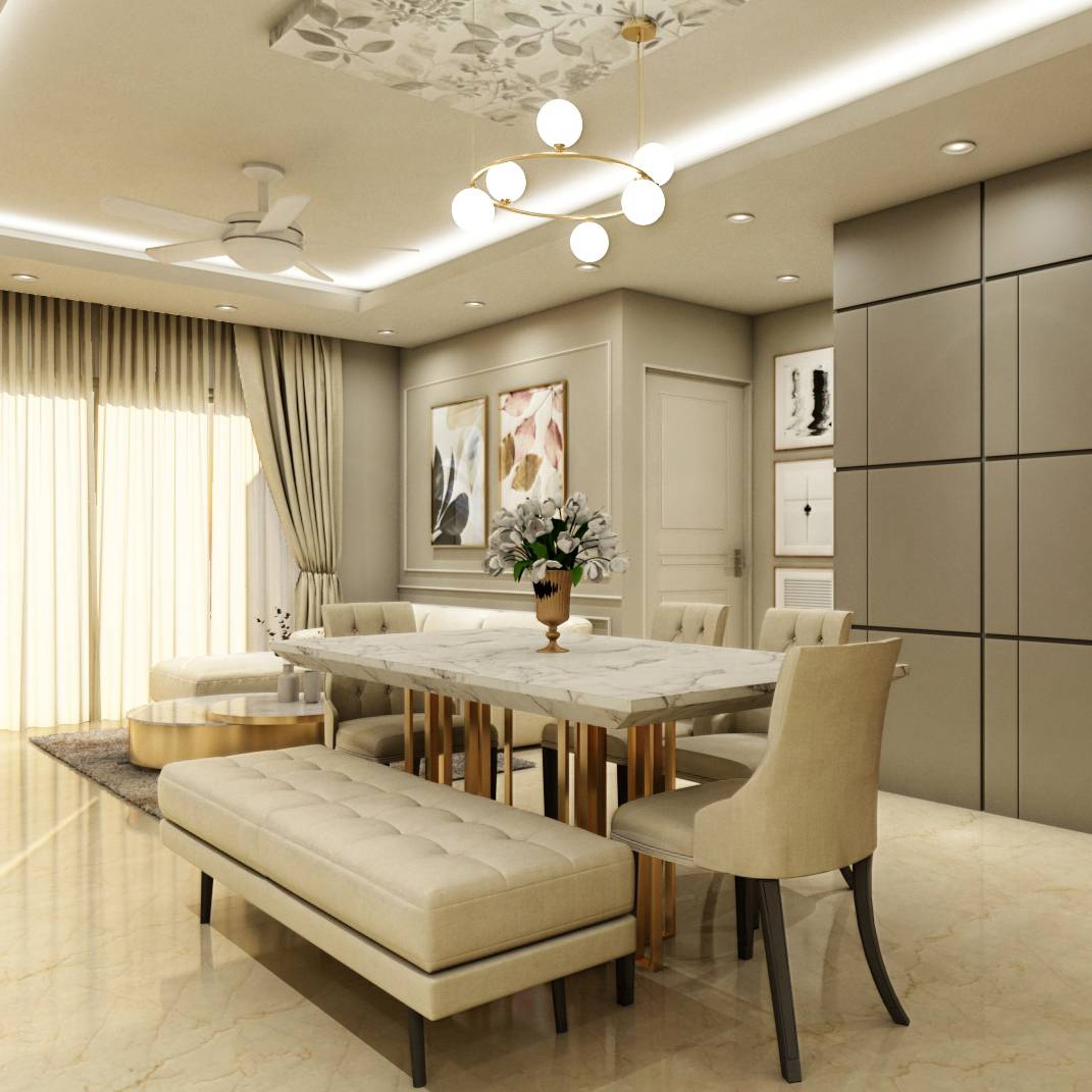 Light-Coloured Dining Room With A Chandelier - Livspace