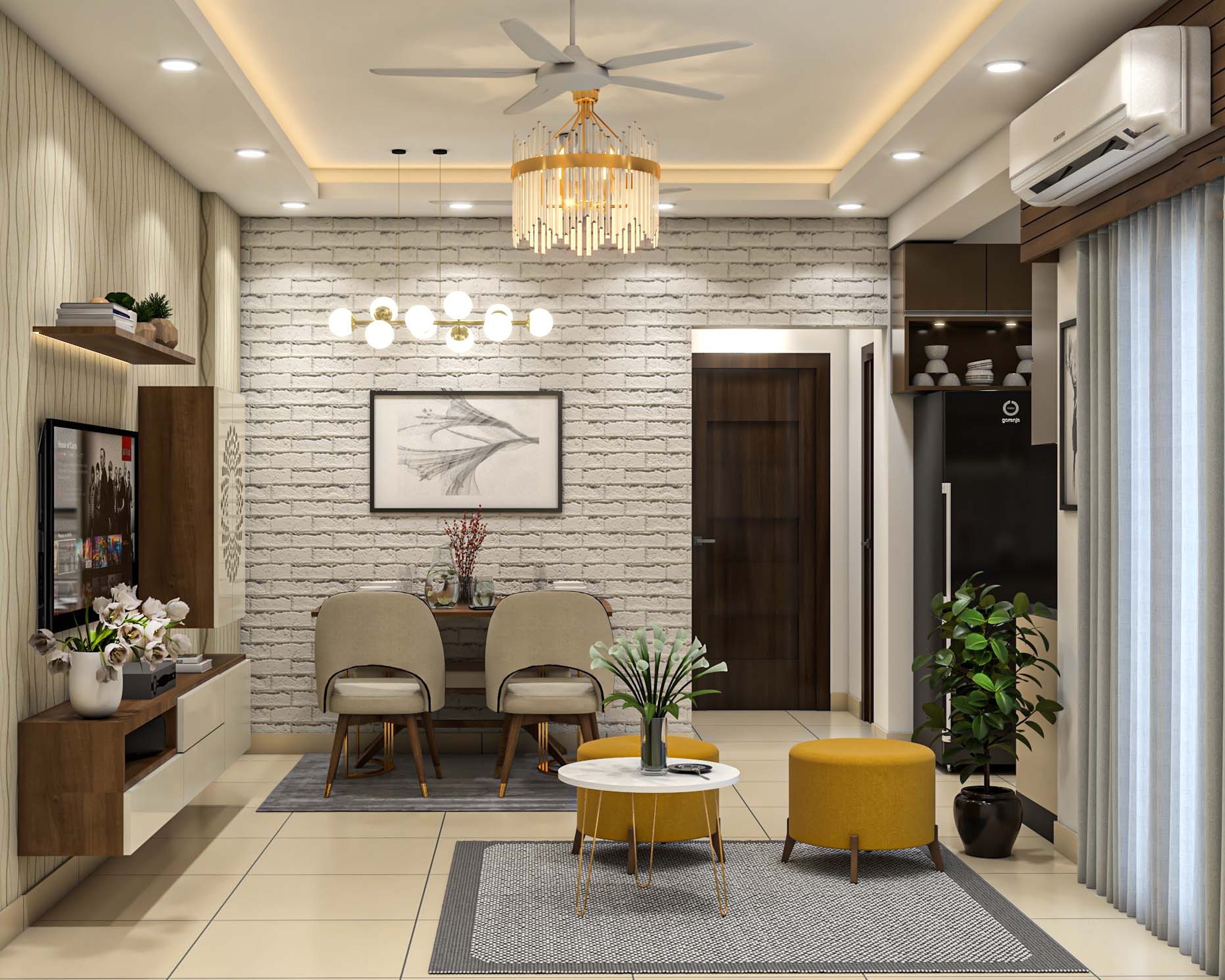 Classic Dining Room Design With A Brick-Textured Wallpaper