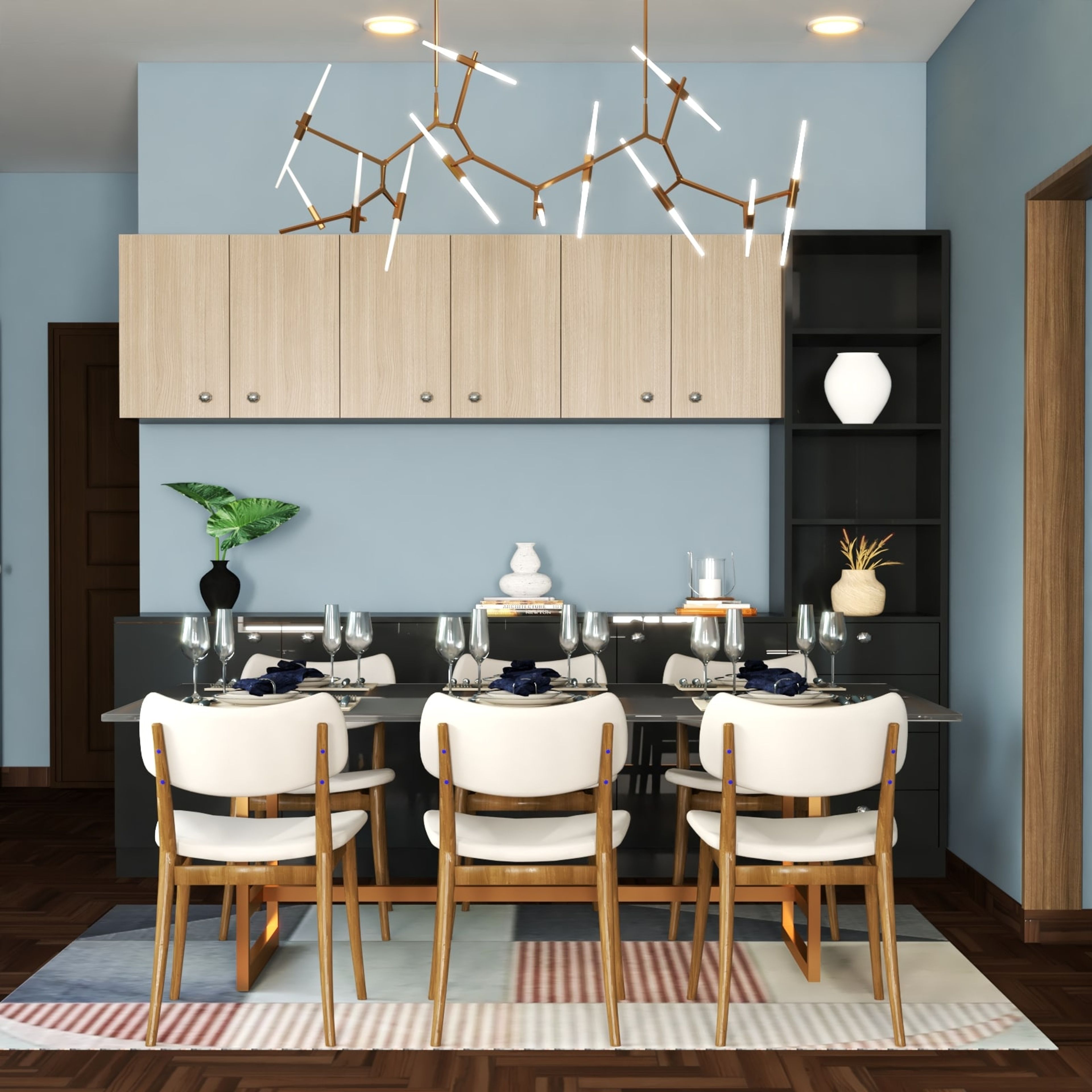 Classic 6-Seater Dining Room Design With Crockery Unit